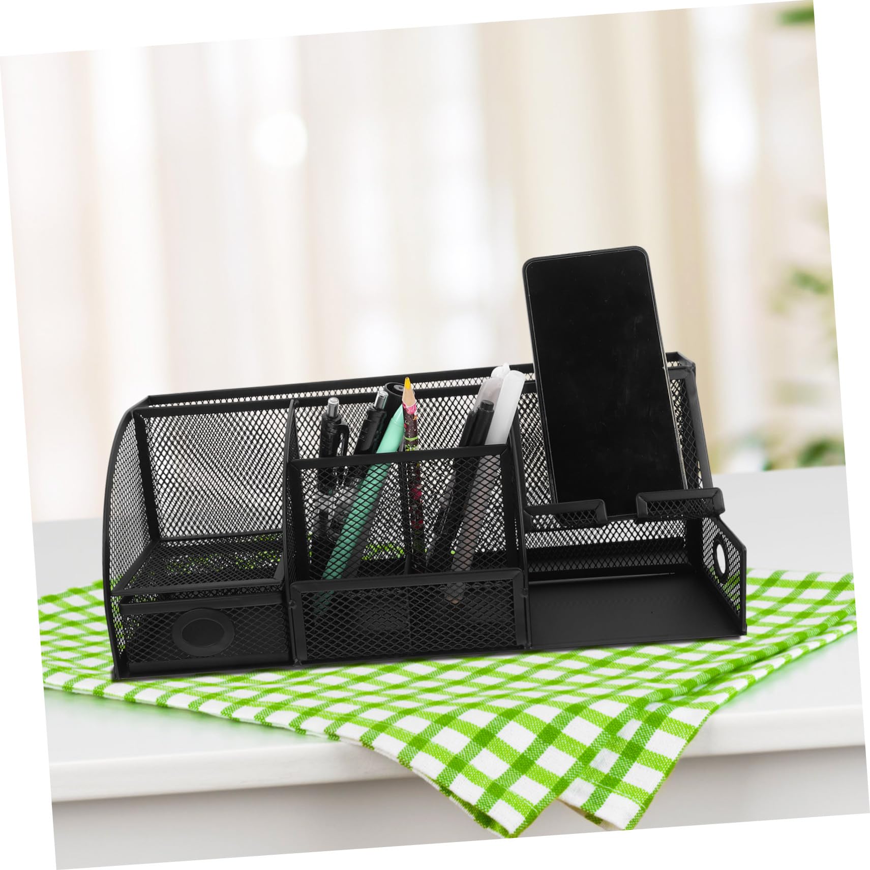 Schreibtisch Organizer mit Stiftehalter aus Eisen Schwarzer Moderner und Platzsparender Aufbewahrungsbox für Bürobedarf und Make Up Am Arbeitsplatz