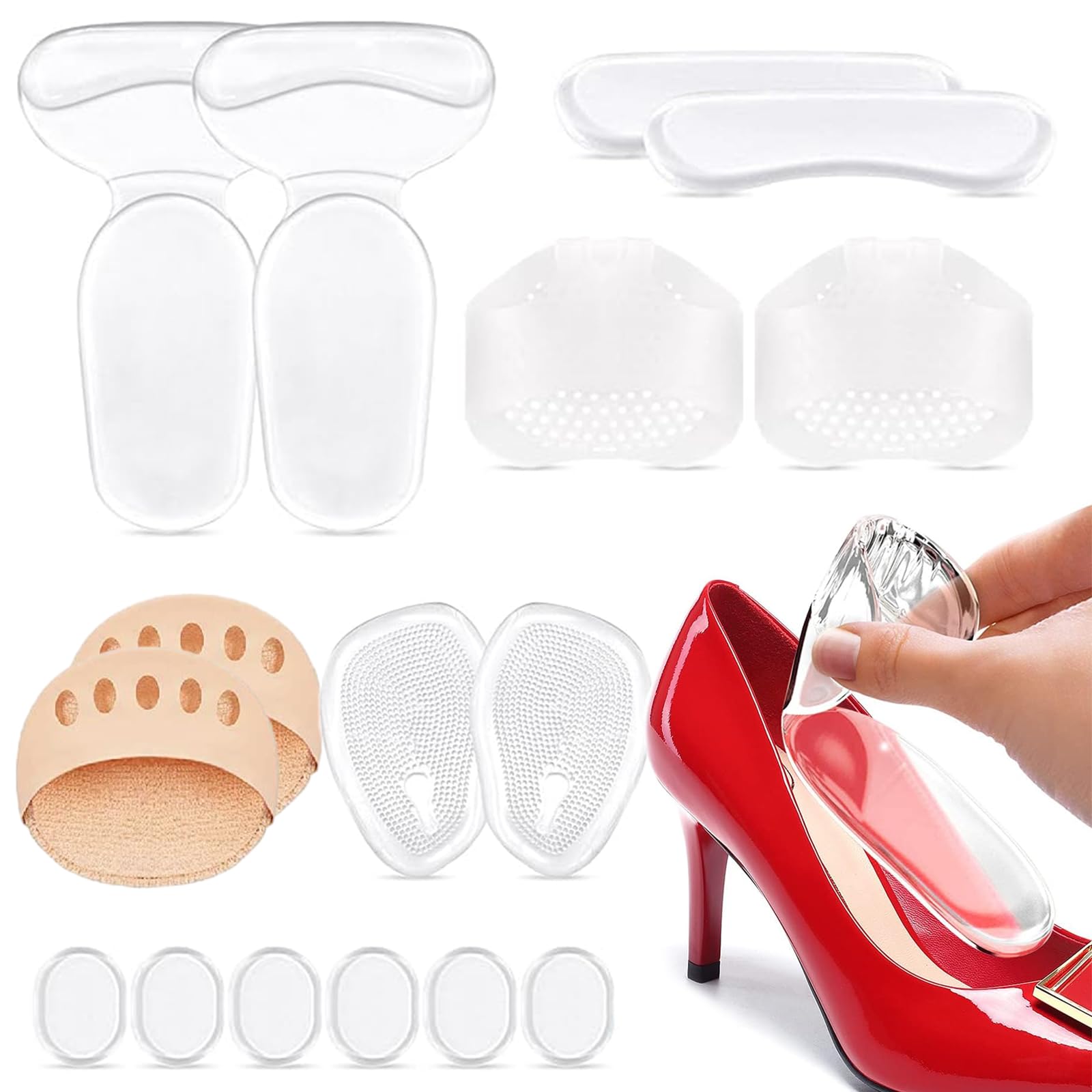 16 pezzi Set di cuscinetti per pianta del piede, solette per tacchi alti, solette antiscivolo in gel, cuscinetti per pianta del piede riutilizzabili, solette in gel per tacchi alti, sollievo dal