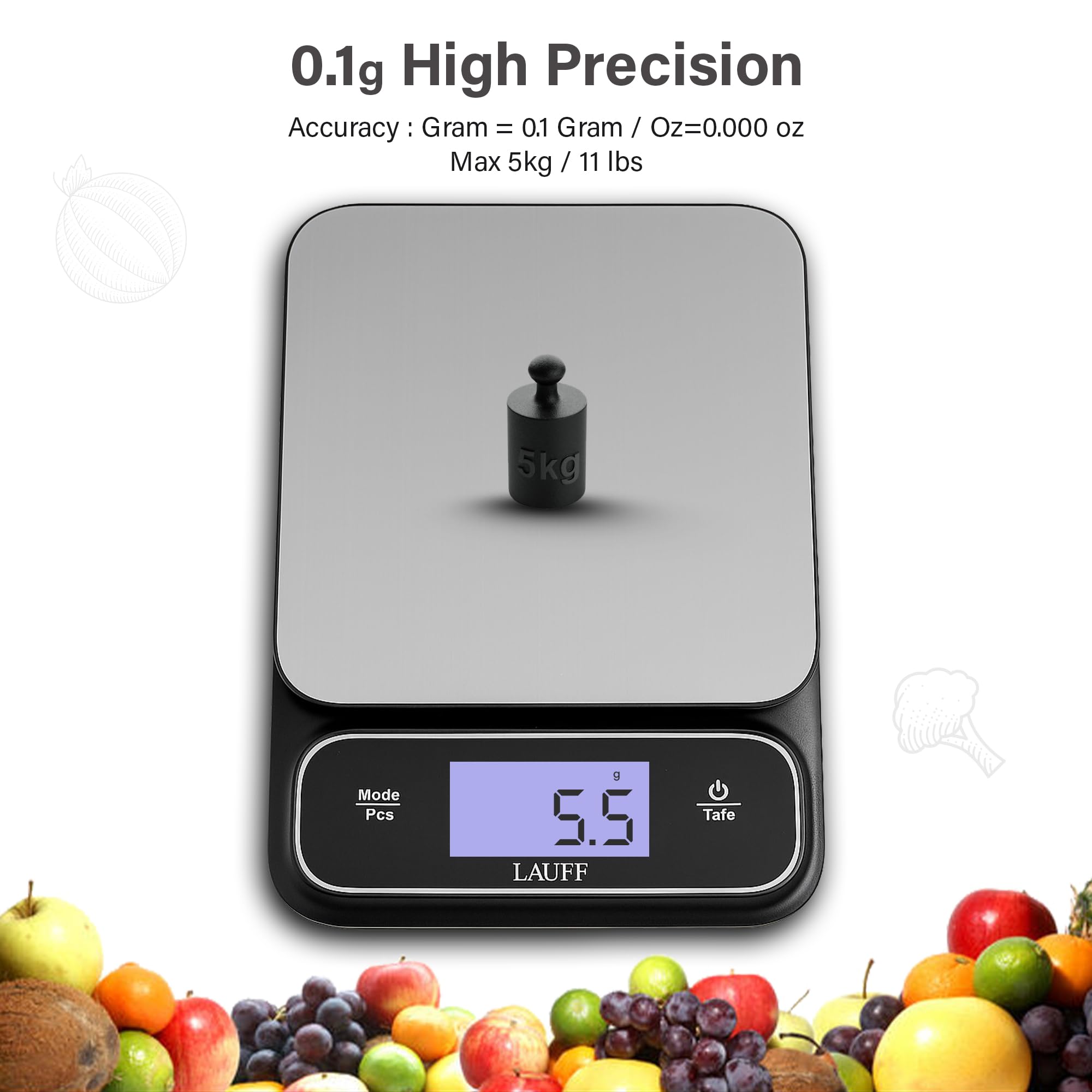 Digitale Lebensmittelwaage, wiegt bis zu 5 kg, digitale Küchenwaage mit 0,1 g Graduierung, wasserdichte digitale Küchenwaage zum Backen & Mahlzeitenvorbereitung mit LCD-Display (5 kg/0,1 g)