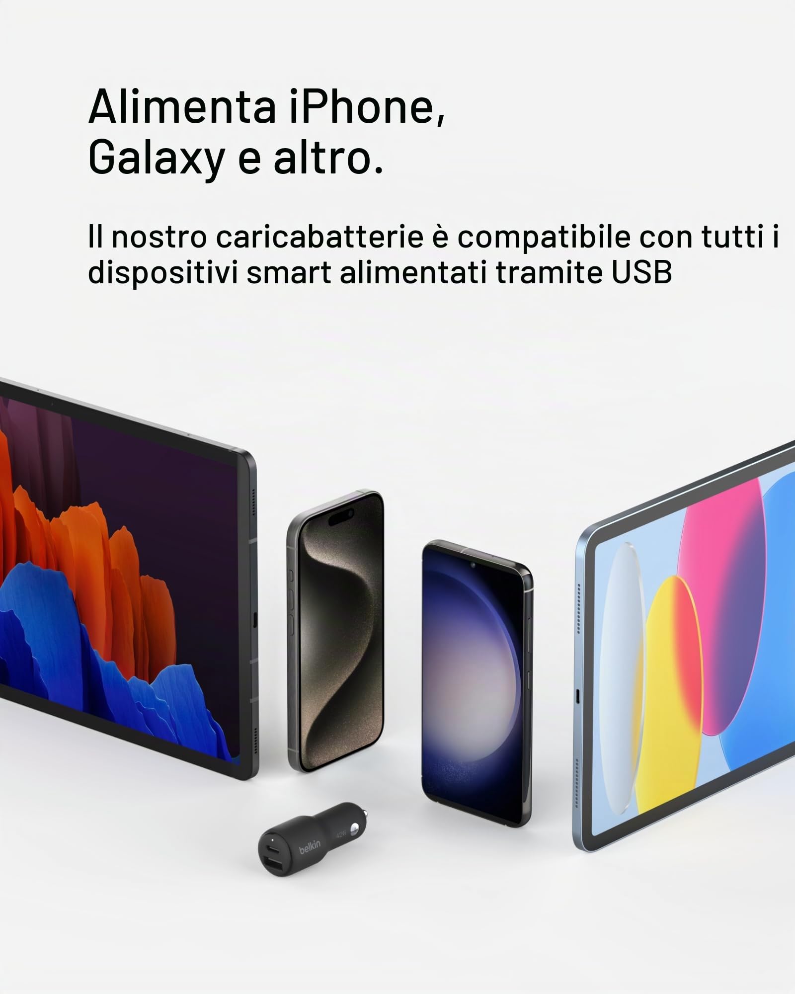 Belkin BoostCharge Doppio caricabatteria da auto da 42 W con ricarica rapida USB-C PPS da 30 W e porte USB-A da 12 W per iPhone 16,16 Pro,16 Plus,16 Pro Max,15,14,13, Samsung Galaxy S24 e altri, Nero