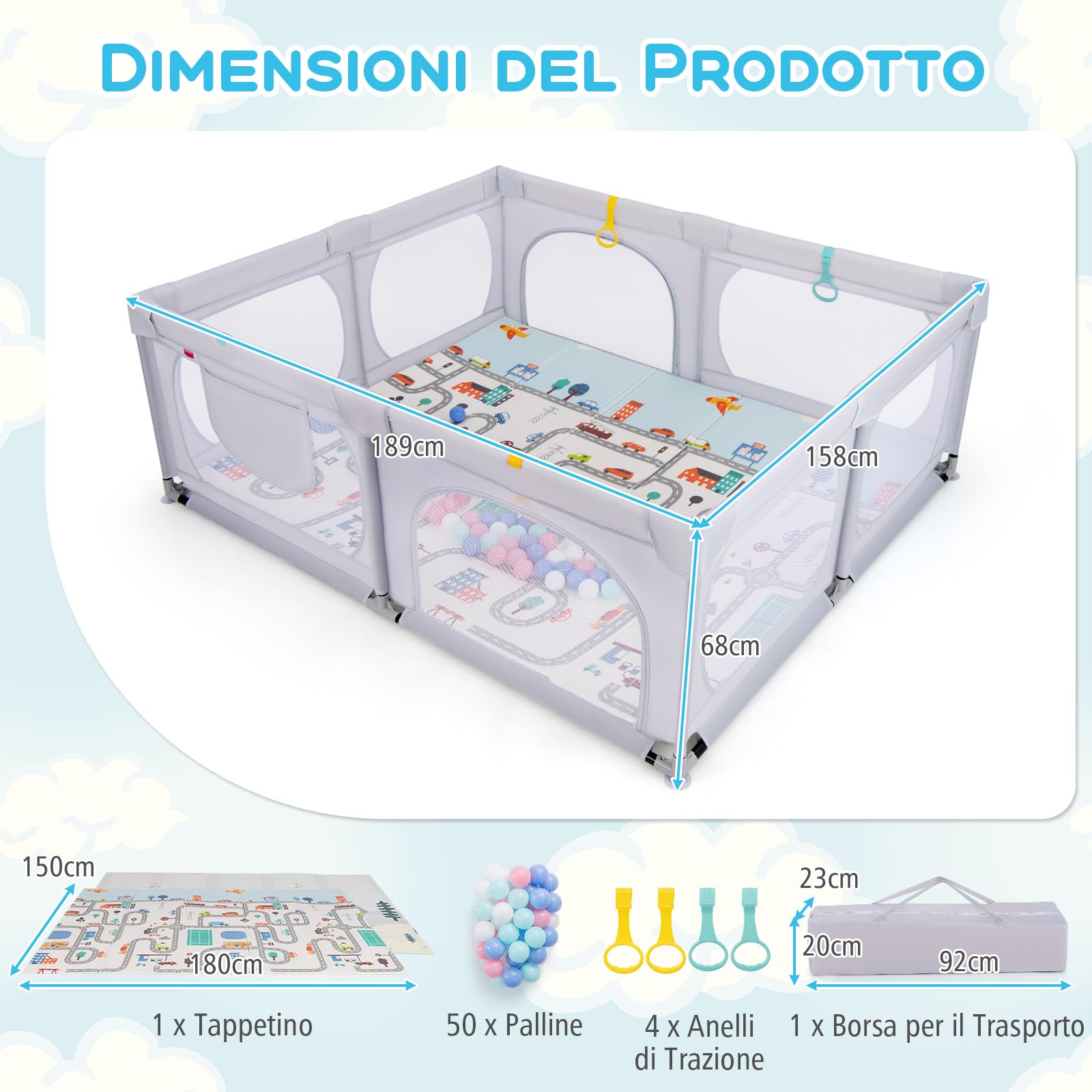 RELAX4LIFE Recinto Bambini 189 x 158 cm con Base a Ventosa, Materassino Pieghevole, Box Giochi, 4 Anelli e 50 Palline, 2 Entrate Laterali, Tasca Portaoggetti e Borsa Trasporto, Rete Traspirante