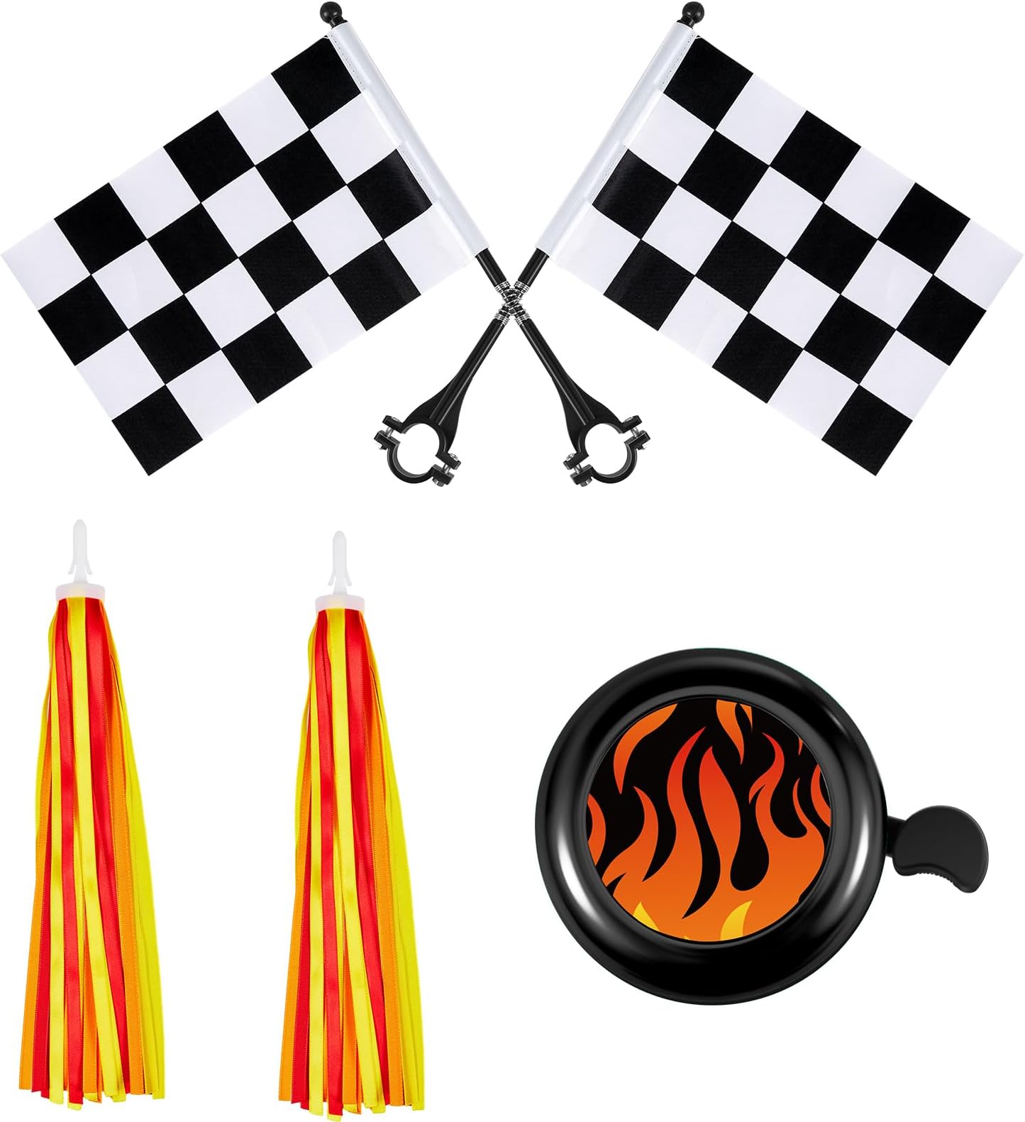 Liliful 5 Pcs Kids Bike Accessories Sets Include 2 Pcs Flame Bike Tassel Streamers Bell 2 Black and White Checkered Flags Pinwheel Toddler Kids Boys Girls Gift Decoration Kit