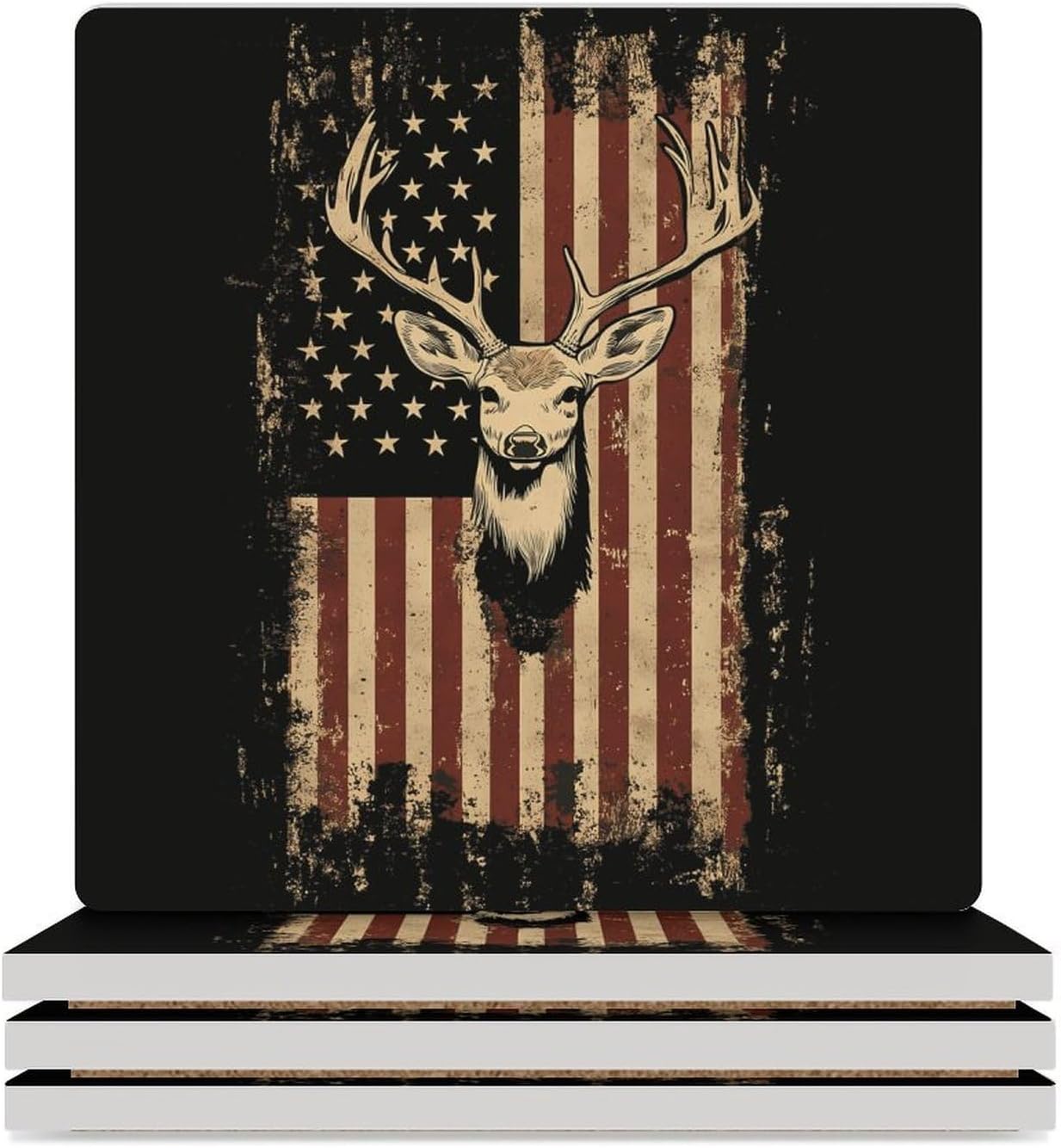 Vintage US Flag Deer Hunting Ceramic Coasters Square Drinks Coaster Coffee Table Decor Table Coaster for Home Bar
