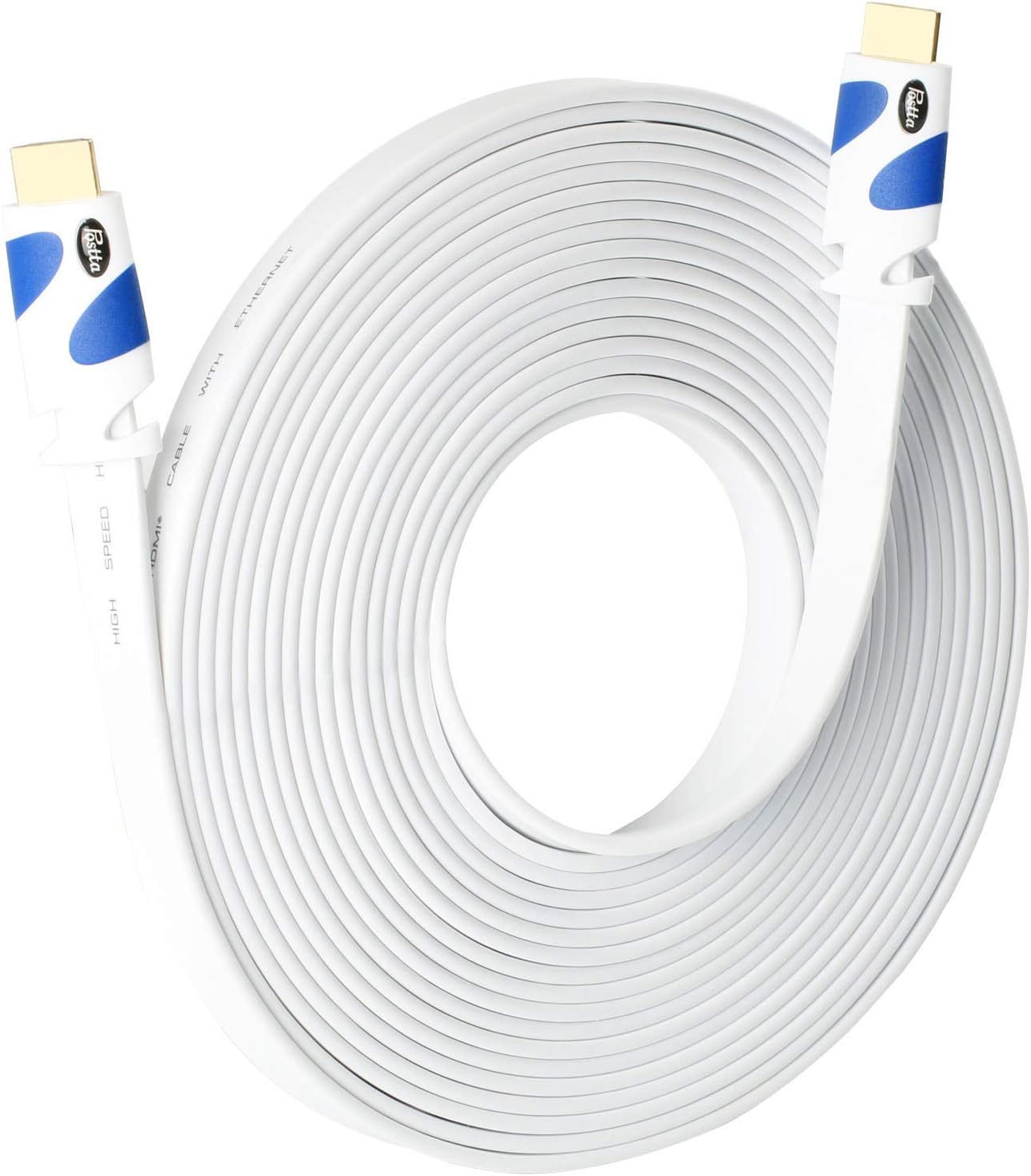 Postta Flat HDMI Cable 40 Feet Flat HDMI 2.0 Cord Support 4K, 3D, 2160p, 1080p, Ethernet and Audio Return-White-Blue