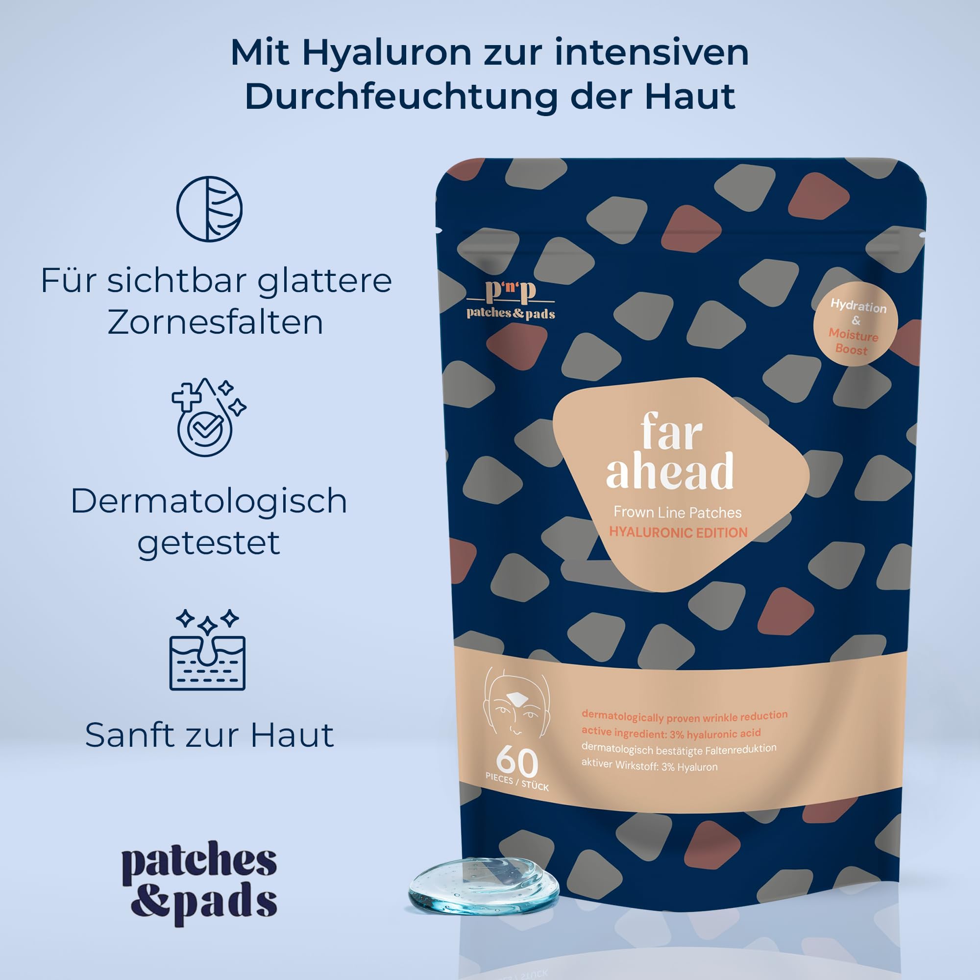 Patches & Pads Zornesfalte Pflaster aus Baumwolle mit Hyaluron 60 Stück - Extra stark haftend - Zornesfalte glätten, Anti Falten Pflaster, Gesichtstape gegen Falten (1er Pack)