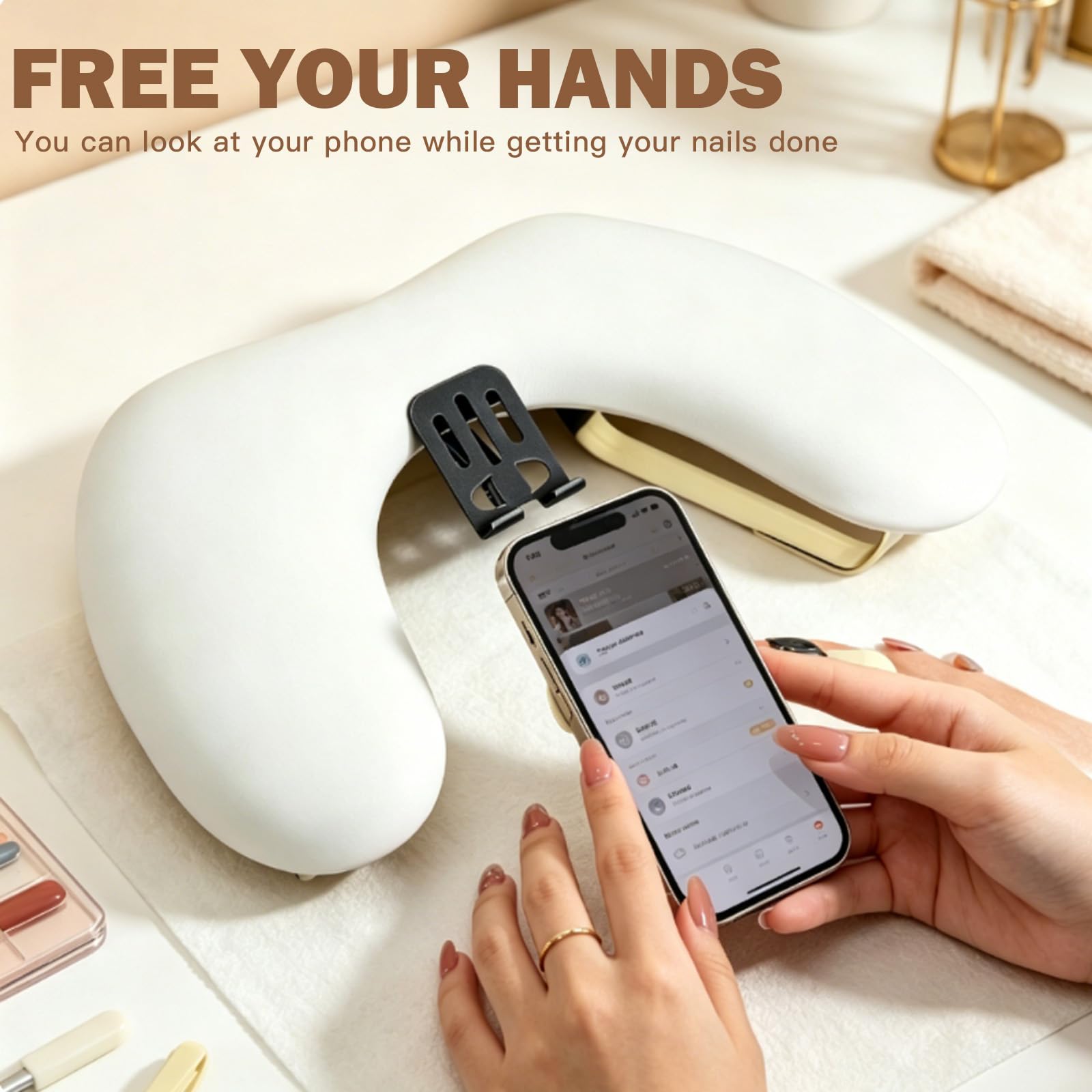 U-förmige Handauflage Nagelstudio - Nagel Armlehne - Ergonomische Handgelenkauflage mit 15° Neigung - Nagel Armlehne mit Handyhalterung - Weiche Handstütze für Maniküre und Nagelstudio (Weiß)