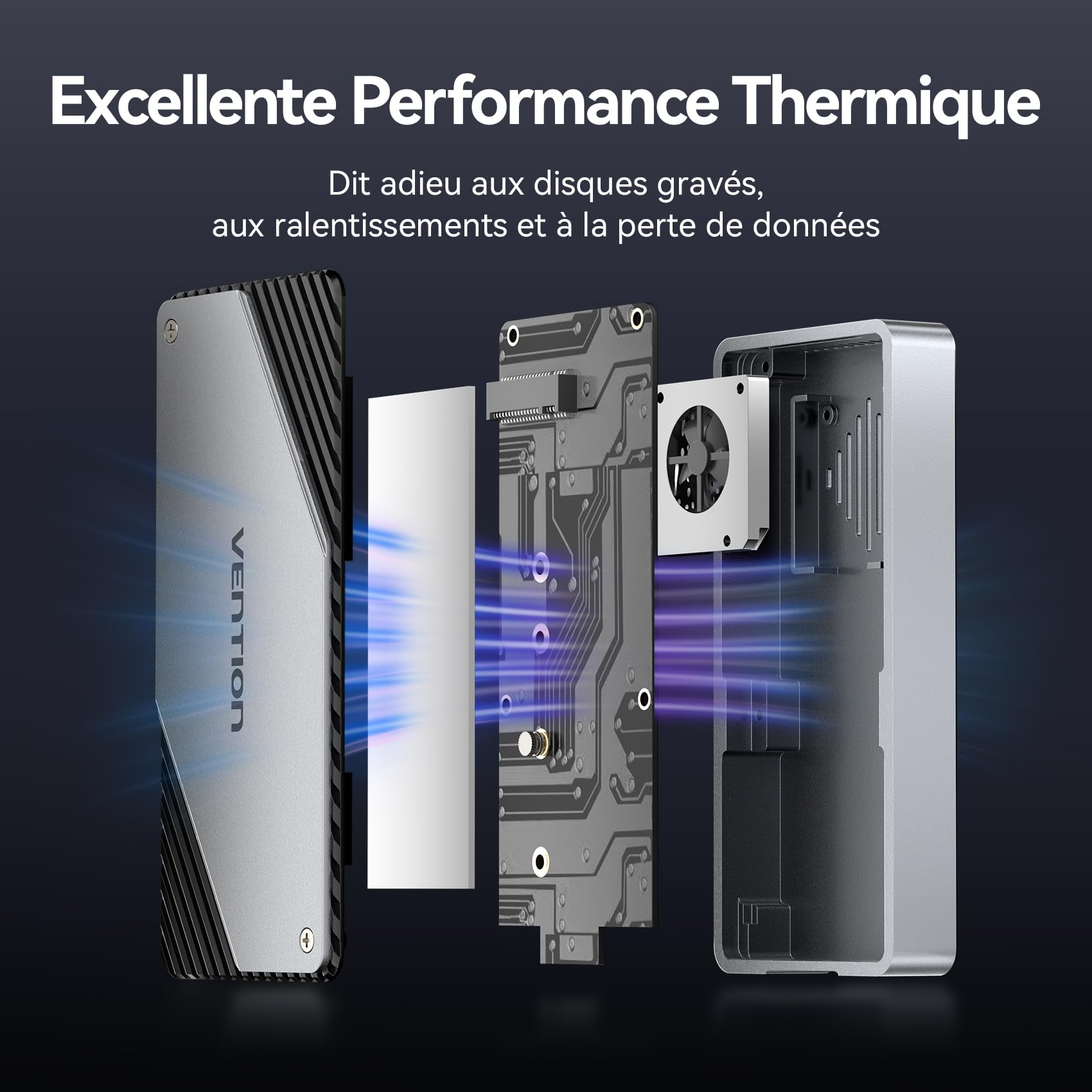 VENTION 40Gbps Boîtier SSD NVMe M.2, L'adaptateur M.2 Aluminium avec Ventilateur sans Outils, Compatible Thunderbolt 4/3, USB4, pour Clés M & M+B 2230/2242/2260/2280 PCIe SSD