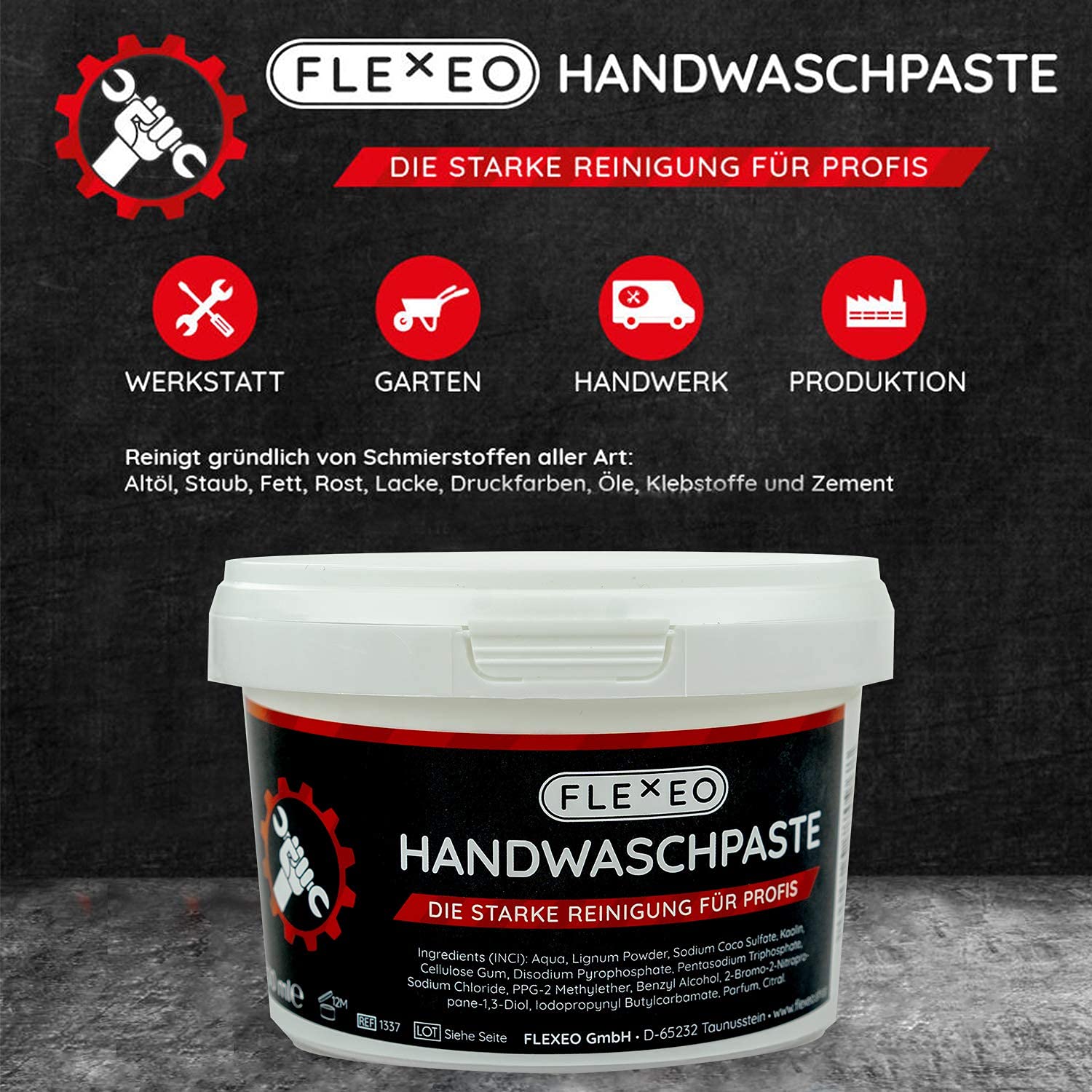 FLEXEO Handwaschpaste 500ml – Der Handreiniger Für Mechaniker, Gegen Öl, Fett & Ruß – Lösemittelfrei & Hautfreundlich