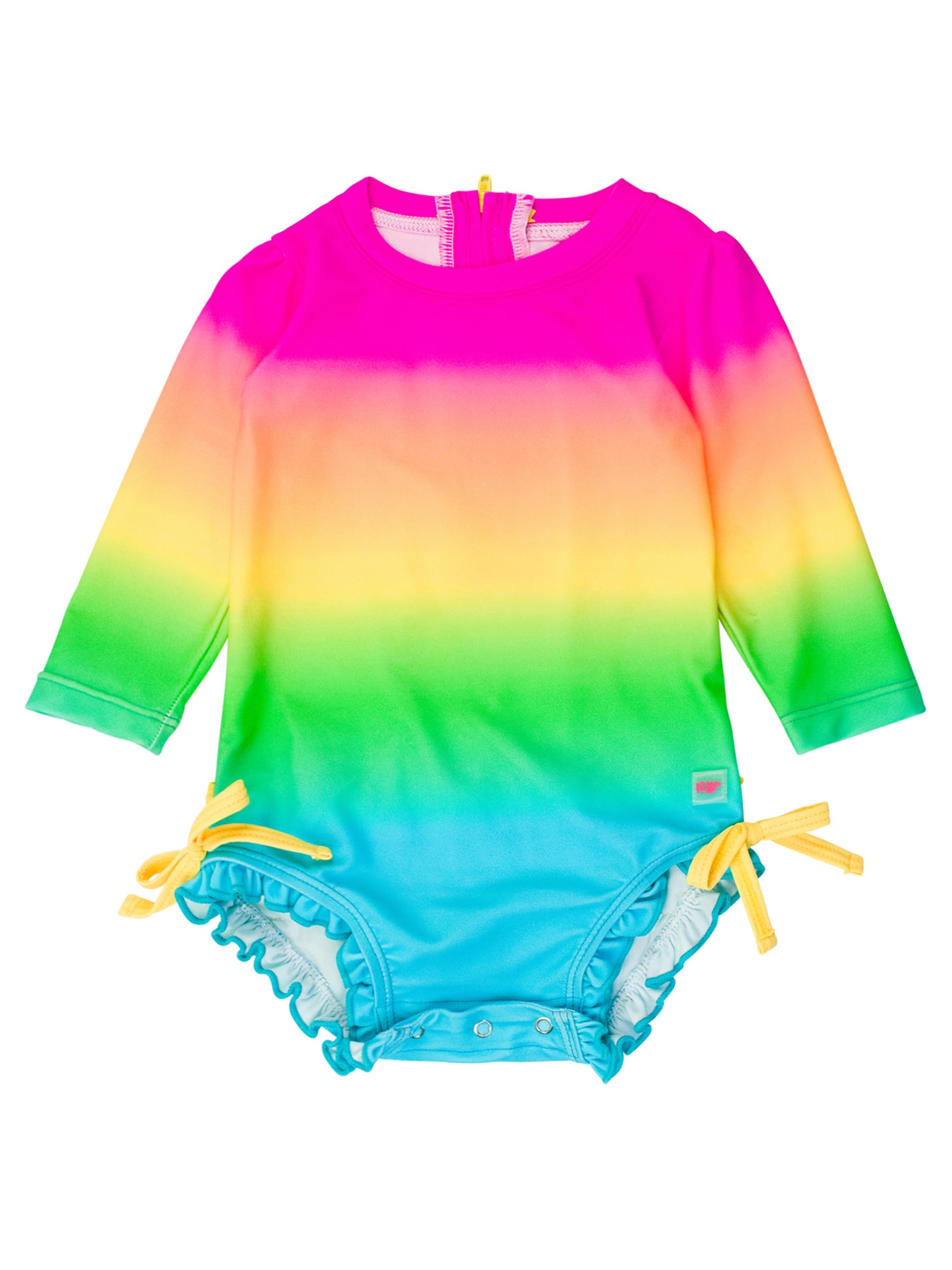RuffleButts Baby Girls Novelty Baby One Piece - Rash Guard Swimsuit | 80% Nylon 20% Spandex, UPF 50+, Lightweight, Medium Stretch, Full Seat Coverage, Bottom Snaps, Unlined, Infant Beach Swim