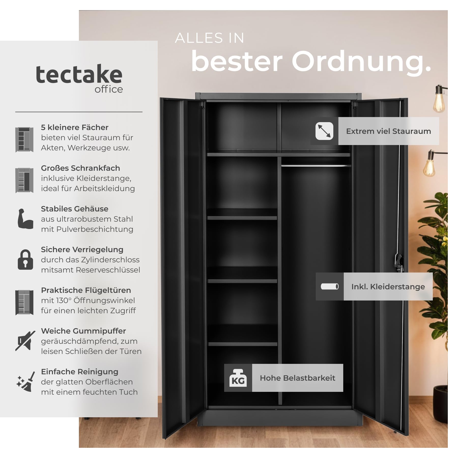 tectake Aktenschrank, Spind Schrank, Mehrzweckschrank, Garderobenschrank mit Kleiderstange, Haushaltsschrank mit 6 Fächern, Aktenschrank abschließbar, Ink. Einlegeböden,180x80x40cm – schwarz