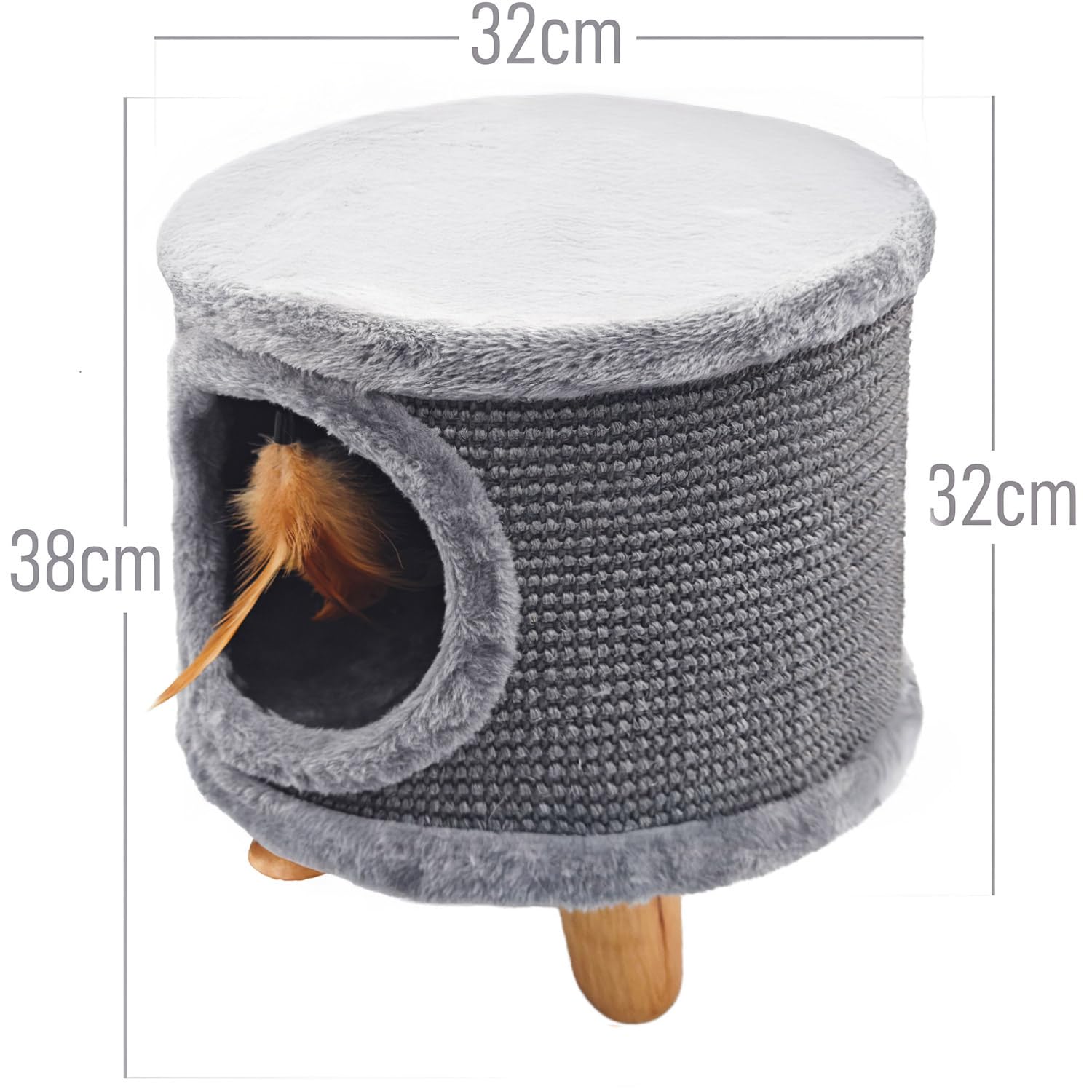 Casa para gatos Cabin II, rascador con superficie de descanso y muelle de juego, 32 cm de diámetro, 38 cm de altura, color gris