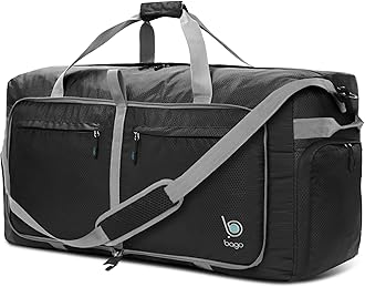 Bago Big XXL Foldable Duffel Bags for Traveling Women & Men - 140L Packable Duffle Bag for Travel with Shoe Compartment - Water Repellant, Heavy Duty, Lightweight Folding & Collapsible (Black)