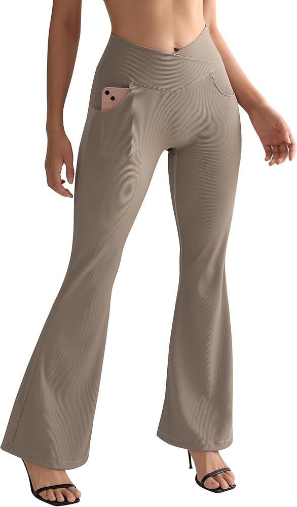 SUUKSESS Women Ribbed Crossover Flare Leggings V Back High