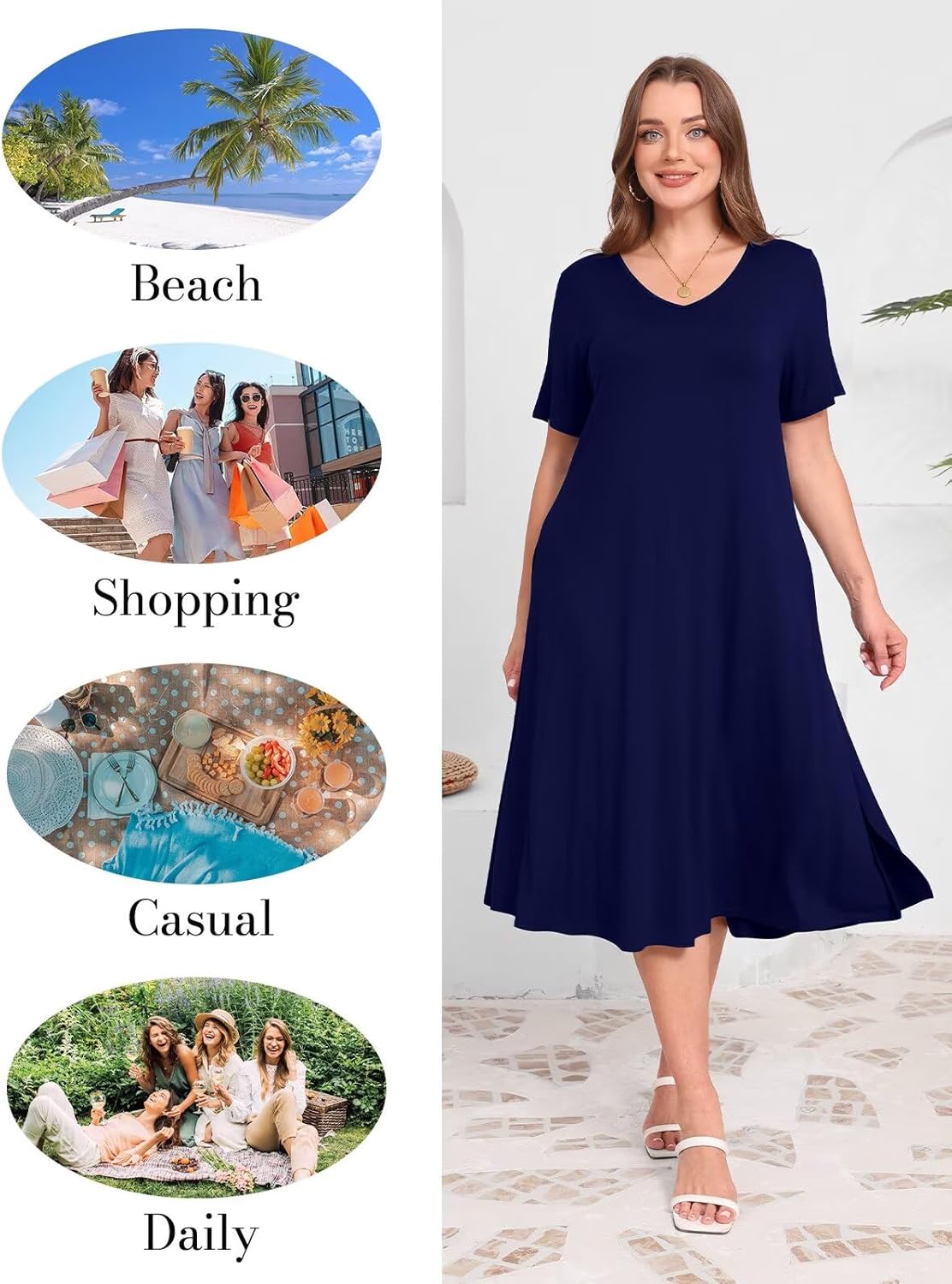 BELAROI Women Plus Size Dresses Summer Casual Midi Tshirt Dress V Neck Short Sleeve Long Maxi Side Split Pockets - Image 6