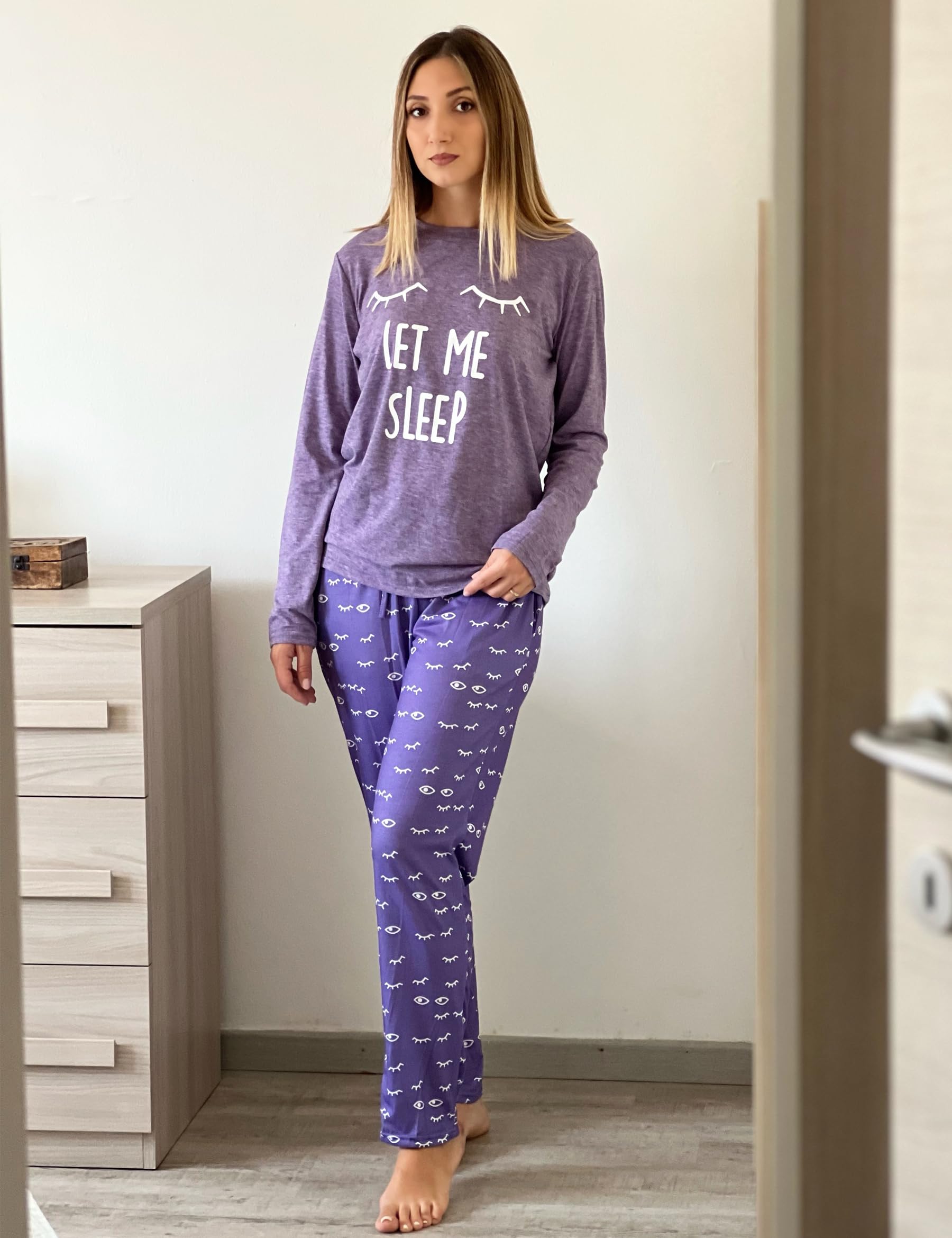 Uniexcosm Pigiama per Donna Pigiama Donna Cotone Lungo Leggero Gatto Girocollo Maniche Lunghe Pigiama Due Pezzi Donna a Tasche Laterali