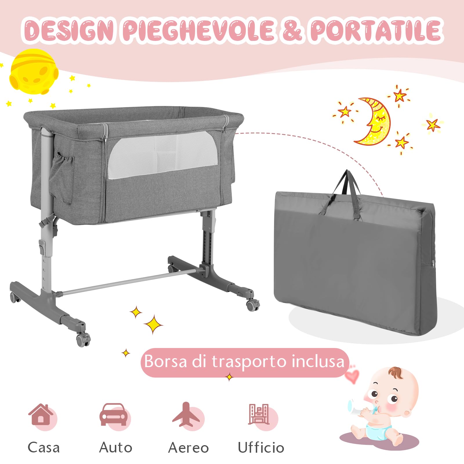 RELAX4LIFE 3 in 1 Culla Neonato Fianco Letto, Culla da Campeggio con Materasso e Cinghia Fissaggio, Regolabile In Altezza 5 Posizioni, Borsa per il Trasporto, per Bambini 0-6 Mesi (Grigio Chiaro)
