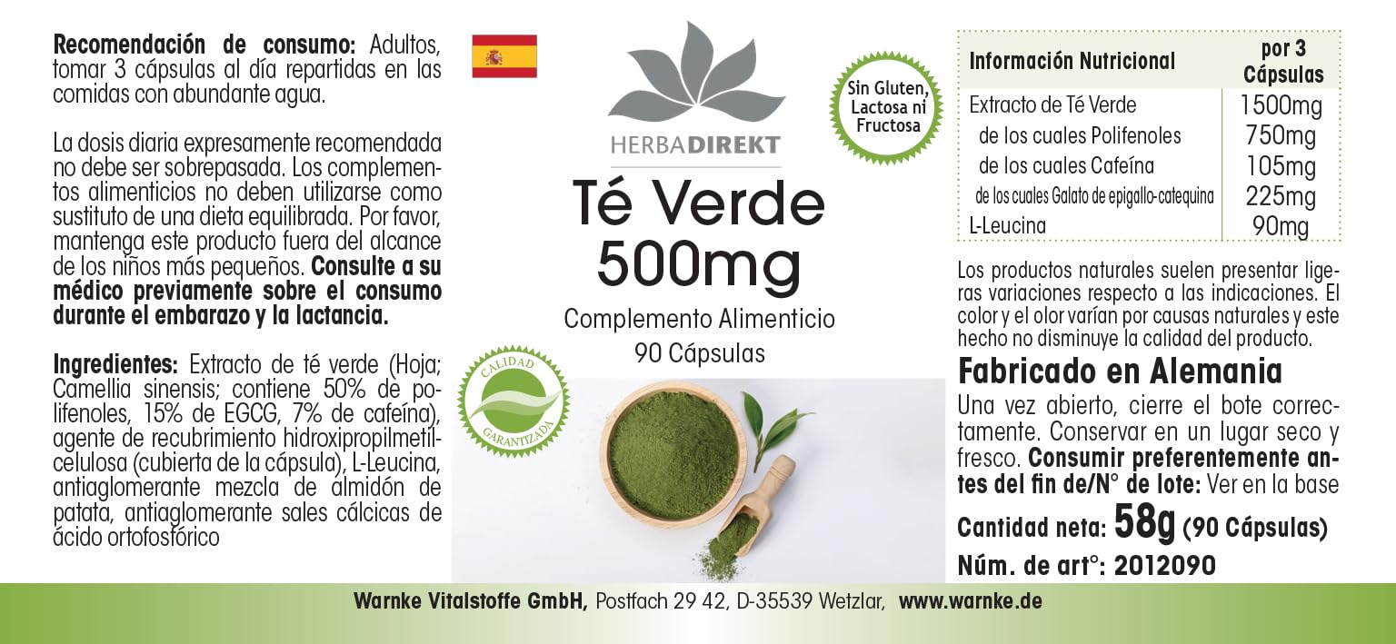 Estratto di tè verde - 90 capsule - 1500mg per dose giornaliera - EGCG - Camellia sinensis - min. 50% di polifenoli - vegano | HERBADIREKT by Warnke Vitalstoffe - Qualità farmaceutica tedesca