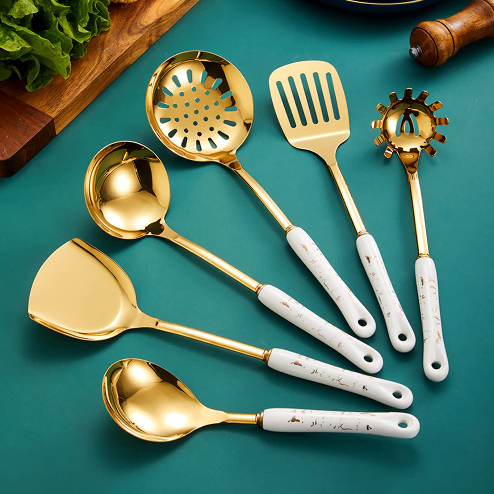 Set di 4/6 utensili da cucina, manico in ceramica, tornitore, bianco, 6