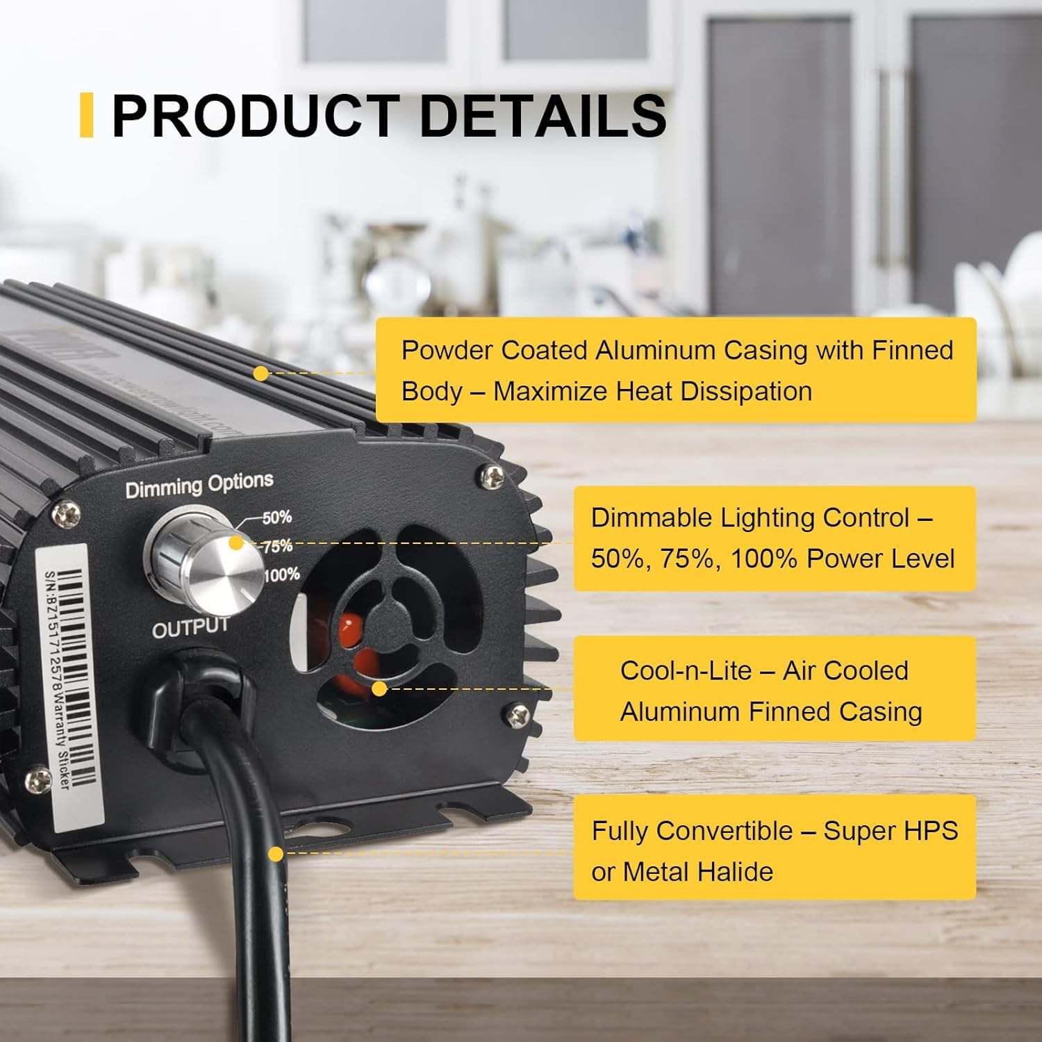Product details of iPower ballast including finned casing and dimming knob