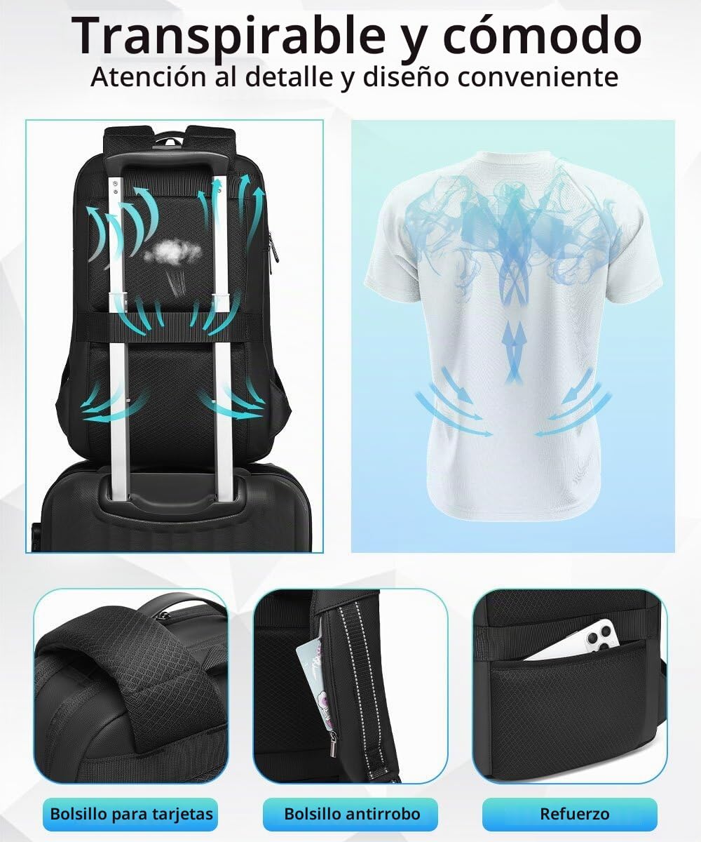 Mochila para Ordenador Portátil de 15,6 Pulgadas para Hombre de Negocios, Ampliable con Puerto de Carga USB, Resistente al Agua, Carcasa Semirrígida EVA