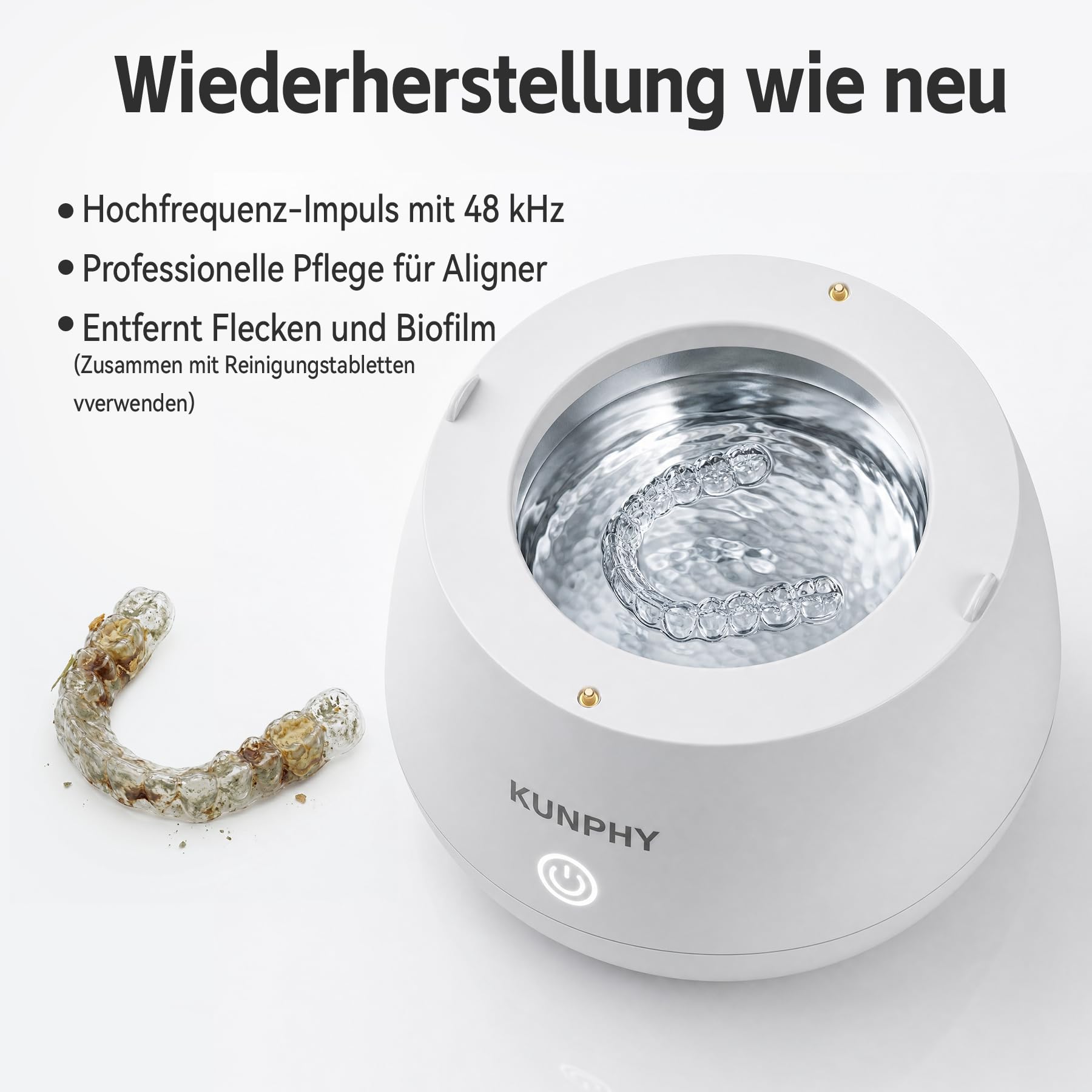 KUNPHY Ultraschallreinigungsgerät, 48kHz Dental Pod | 200ml, Ultrasonic Cleaner for Zahnersatz, Retainer, Aligner, Prothesen, Zahnbürstenkopf, Schmuck Schwarz, IPX7 Wasser-feste