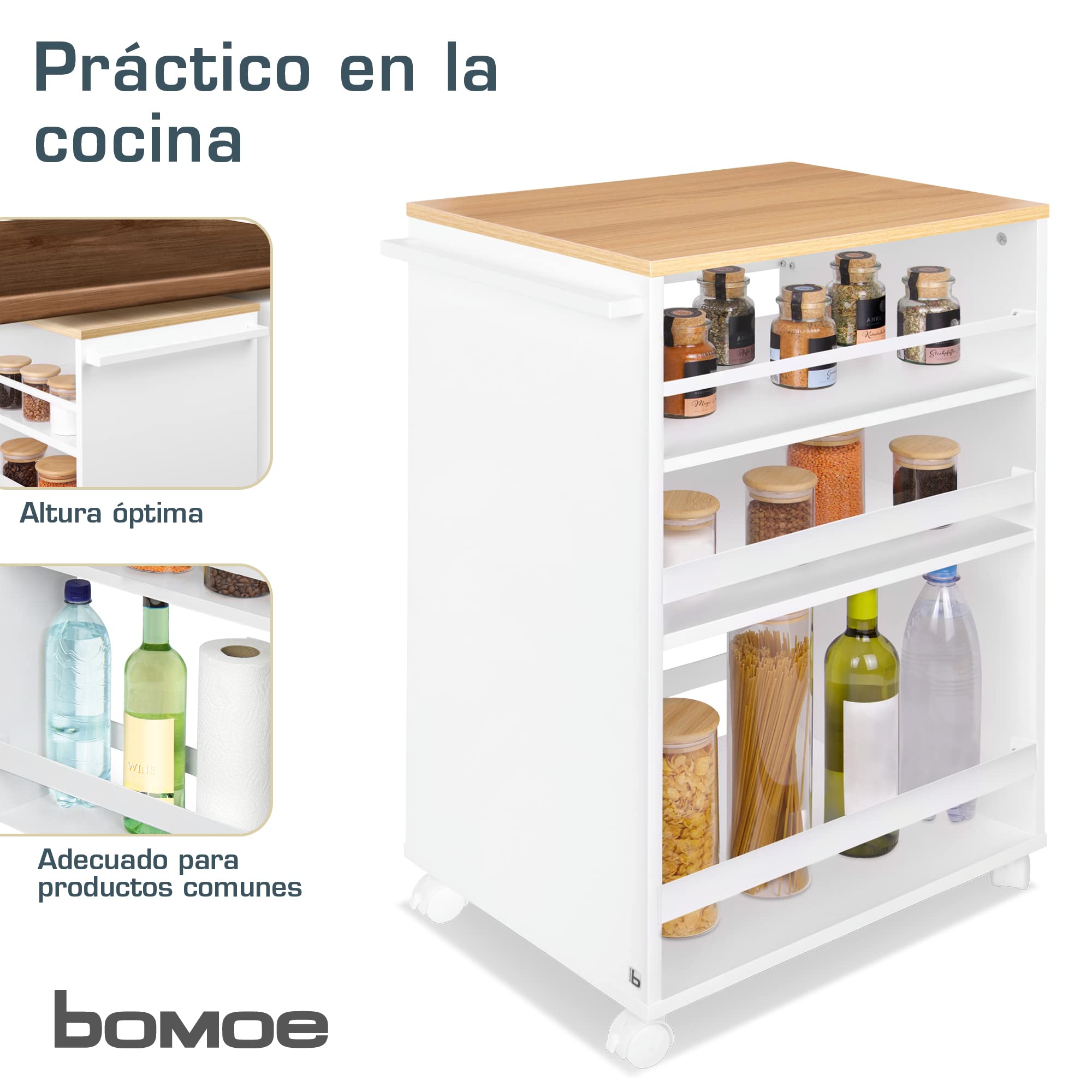 bomoe Carro de Cocina con 4 Ruedas de Servicio 3 Niveles Ajustables Madera | Roble y blanco encimera FSC® de baño de nicho independiente 3 carron carrito mueble auxiliar Bengt