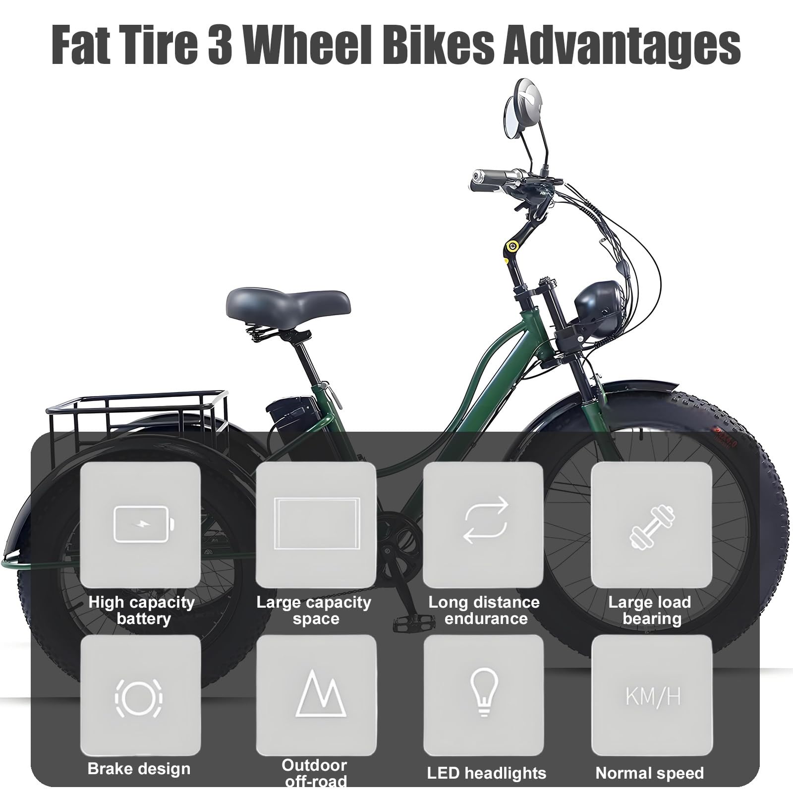Tricycle électrique à Gros pneus pour Adultes et Seniors, idéal pour la Neige et Le Sable, avec écran LCD.
