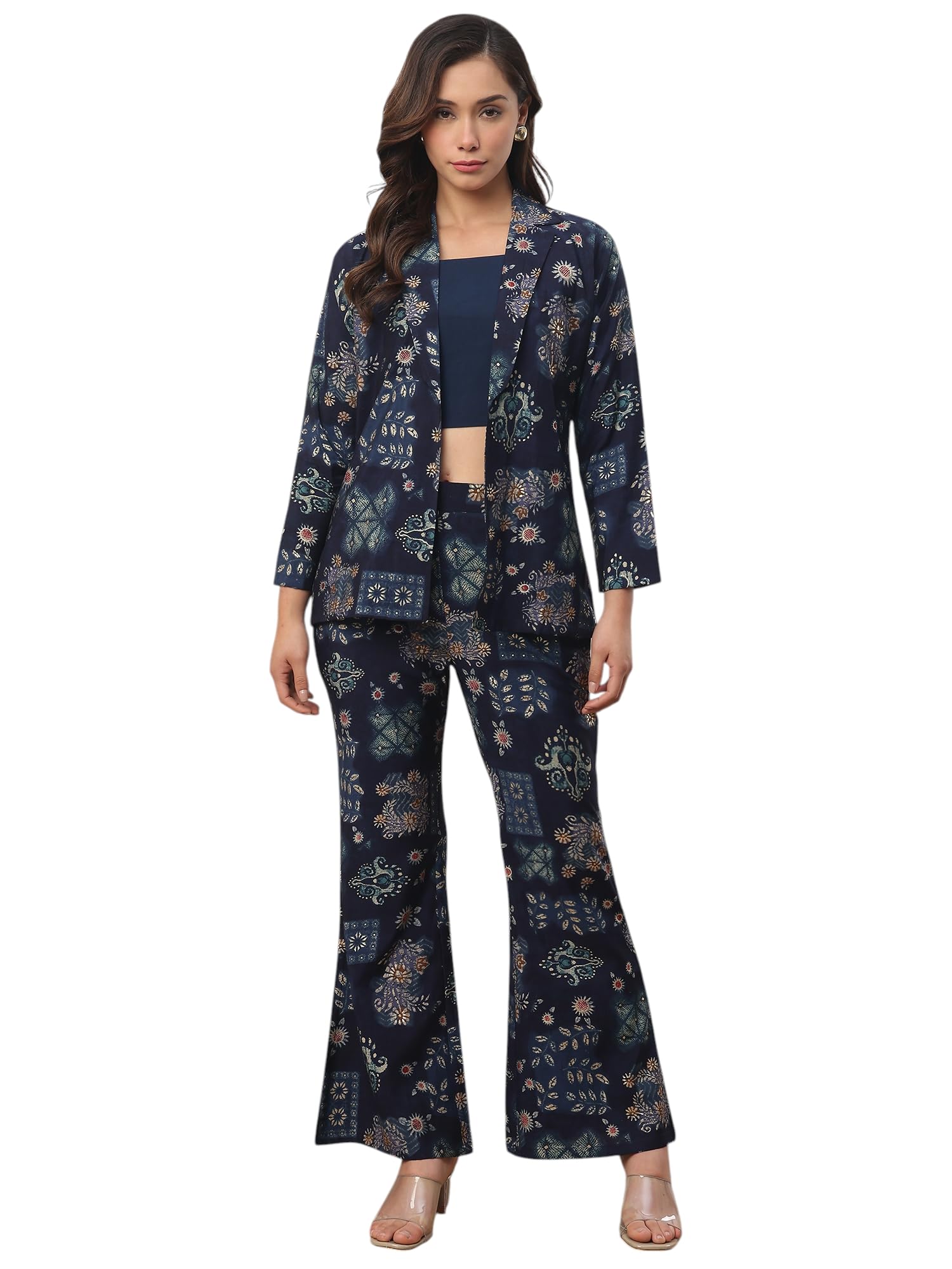 Women's Co-ords Set, Navy Blue Floral Print Blazer and Flared Pants, Long Sleeve Jacket with Matching Trousers