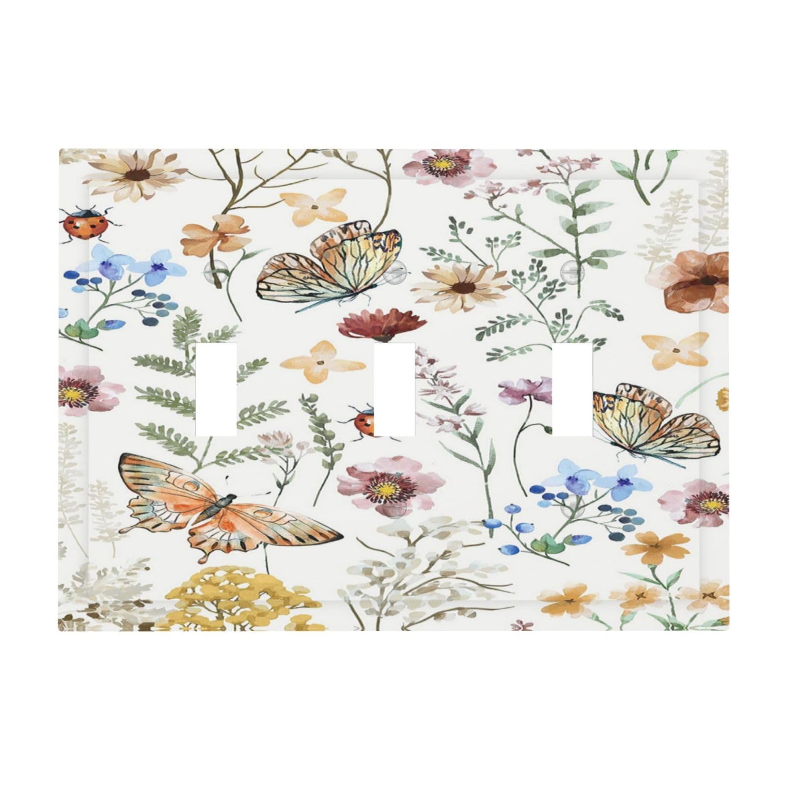LOLREAI Decorative Light Switch Cover Plate Wildflower Butterfly Whimsical Floral 3 Gang Wall Plates Triple Toggle Electrical Switch Plate Covers Outlet Covers Faceplate for Bedroom Home Decor