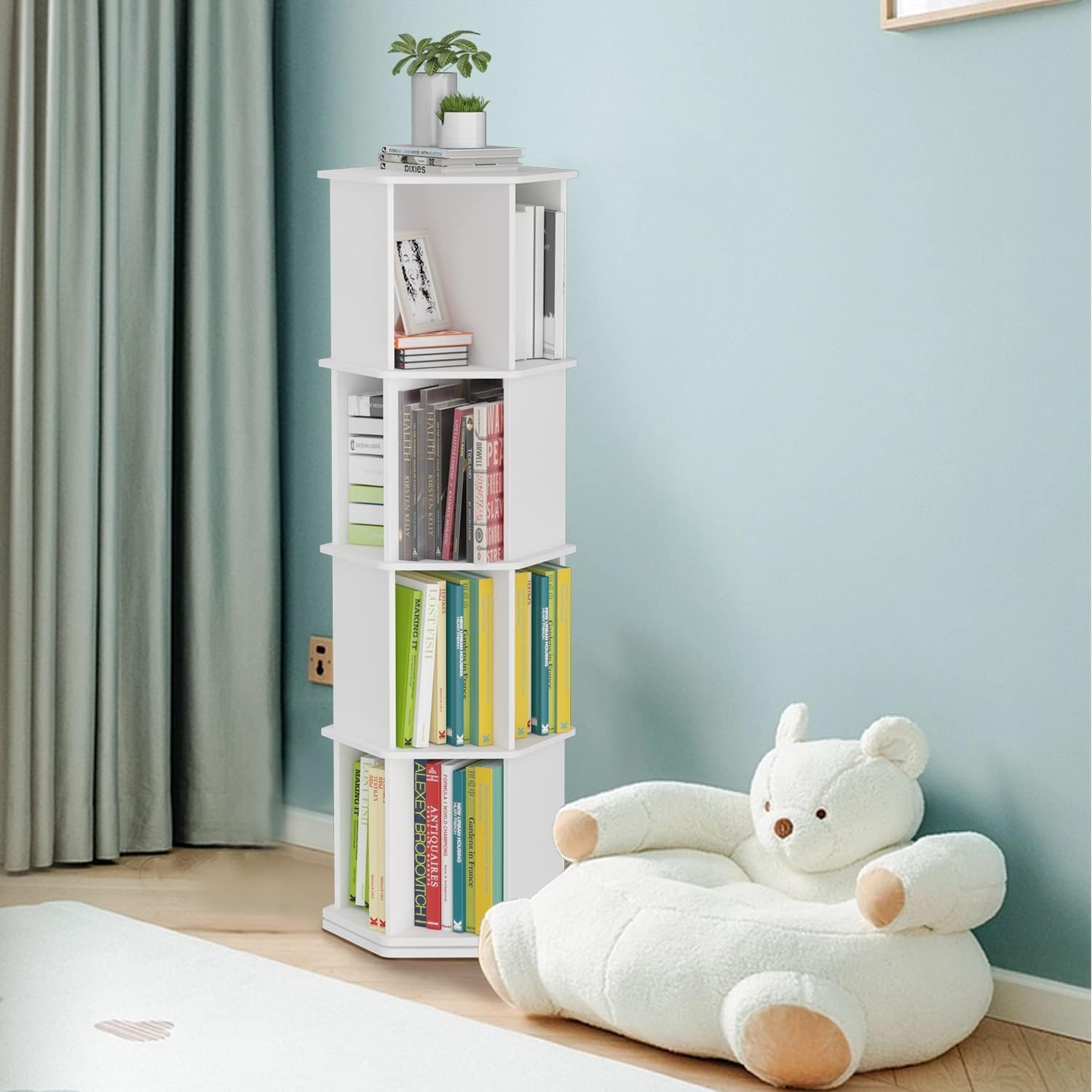 ybaymy Draaibare boekenkast, 5 niveaus, staande plank, kantoorplank, decoratieve plank, 360° vrij draaibare boekenkast, opbergplank voor kinderen en volwassenen, wit
