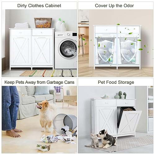 Miniatura 8 de Gabinete de basura con doble inclinación hacia fuera de 20 galones, armario de reciclaje de madera para cocina, soporte oculto con cajones y mesa,