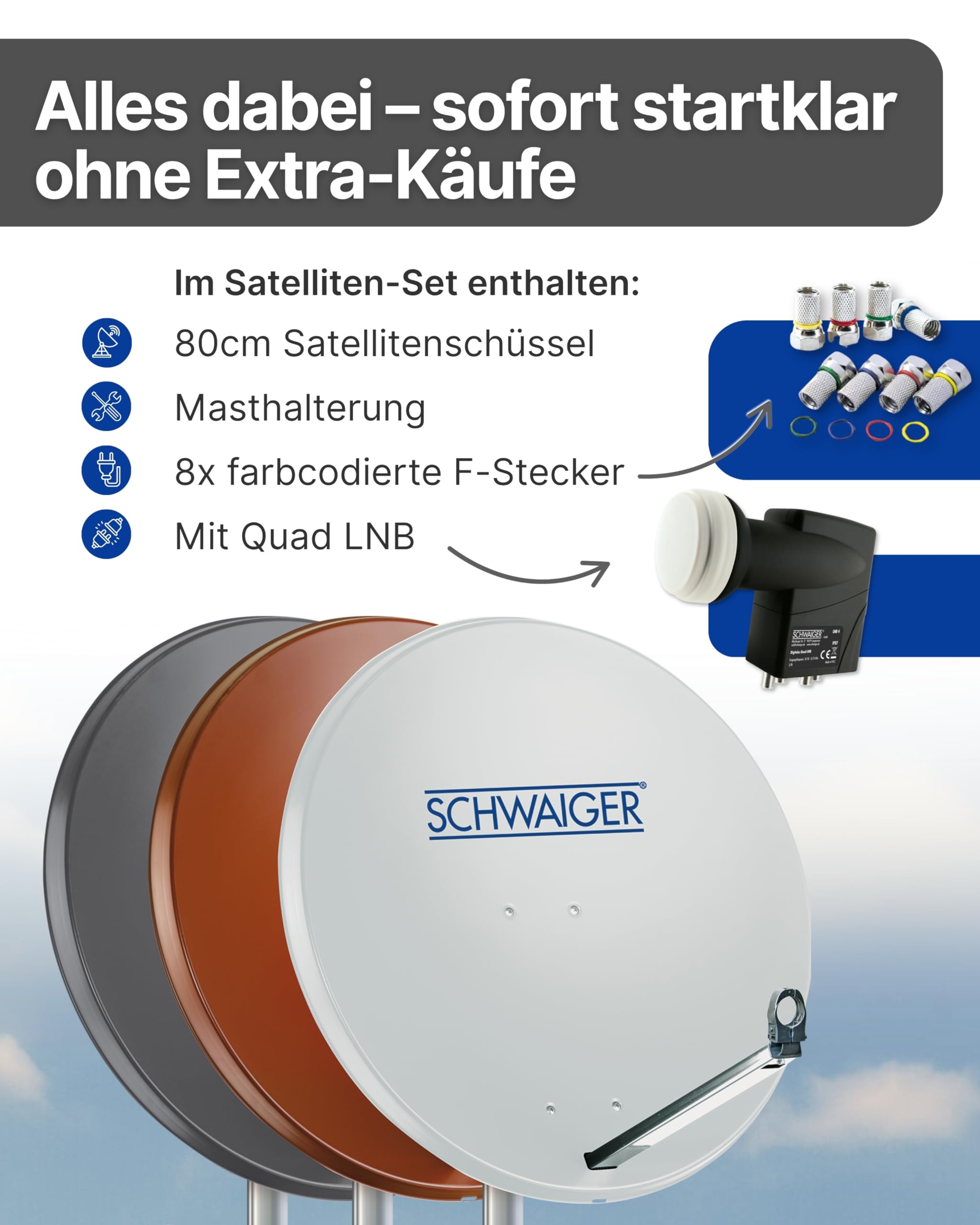 SCHWAIGER Satellitenschüssel Ø 80 cm Aluminium Offset Antenne Anthrazit Quad LNB 4-Fach Digital HD 4K Empfang wetterfest