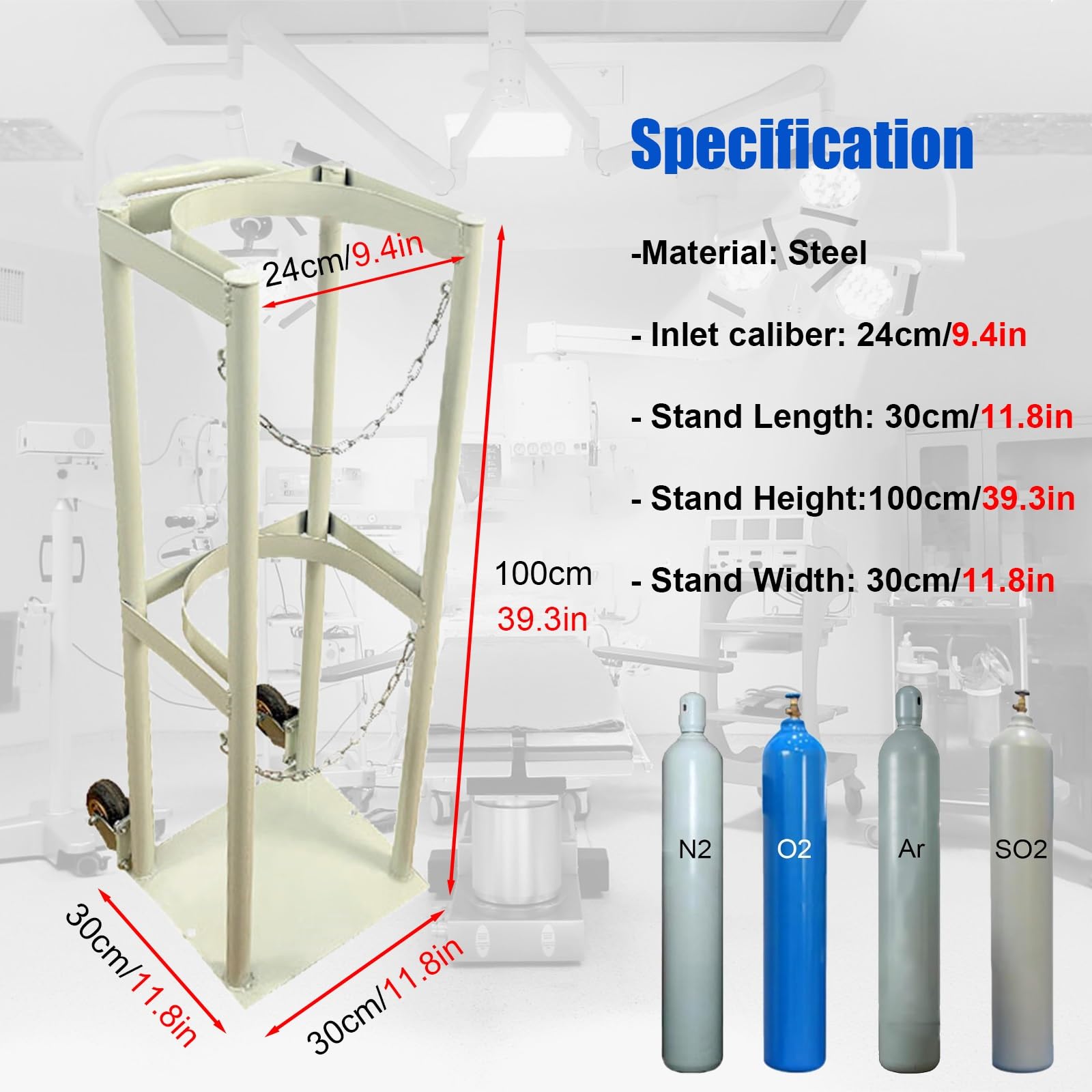 WDJBPSH White Oxygen Tank Holder on 2 Wheel, Heavy-Duty Fixed Gas Cylinder Stand with Protective Chain, Portable Cylinder Bracket Carrier for Workshop Motorhome(30x30x100cm)