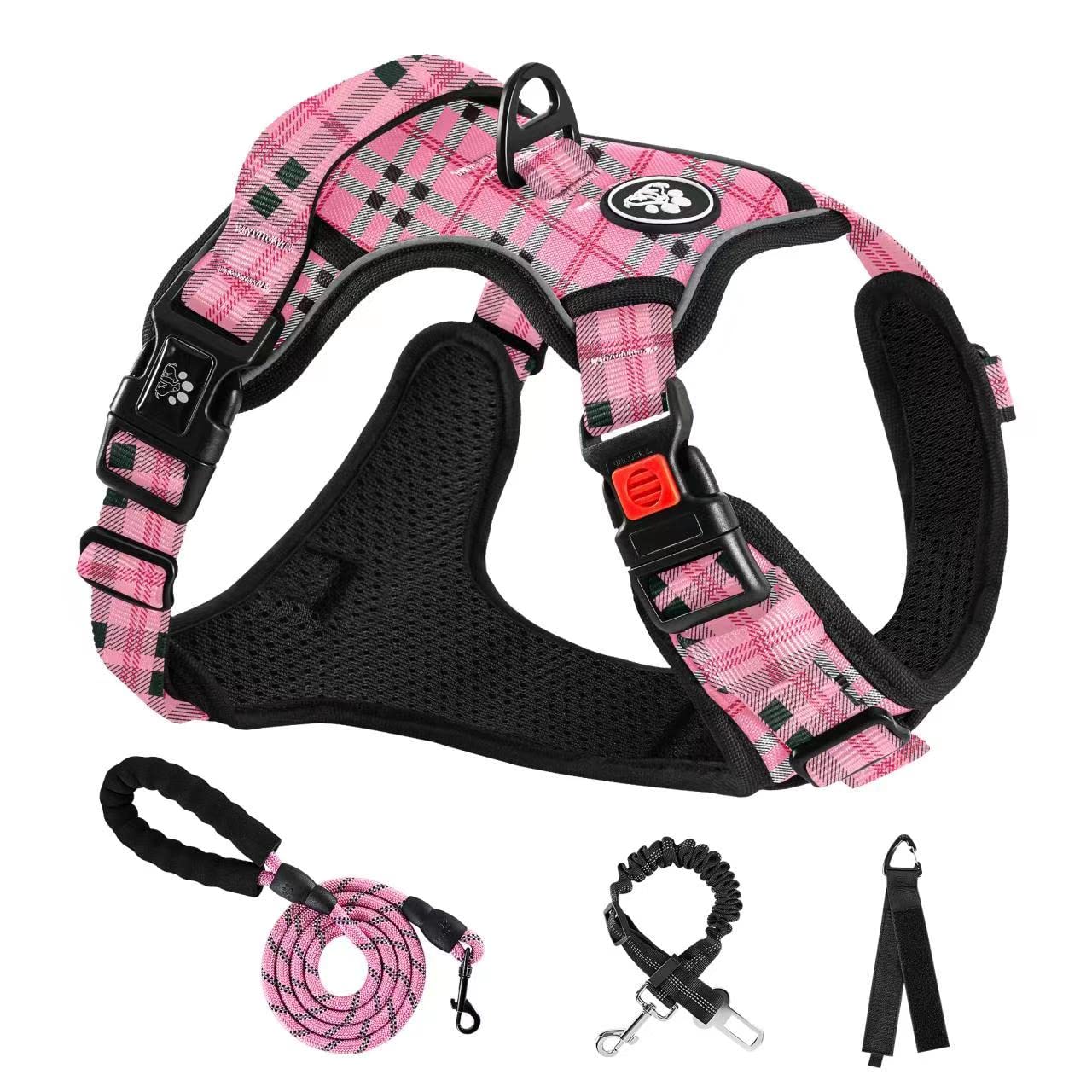 NESTROAD Colliers, Harnais Veste et Laisses Anti Traction pour Chiens Moyen, Couleur Rose Plaid Taille M Arnet pour Chien Le Cou 33~43CM Poitrine 43~64CM, Harnais Chien Voiture, Accessoire Chien