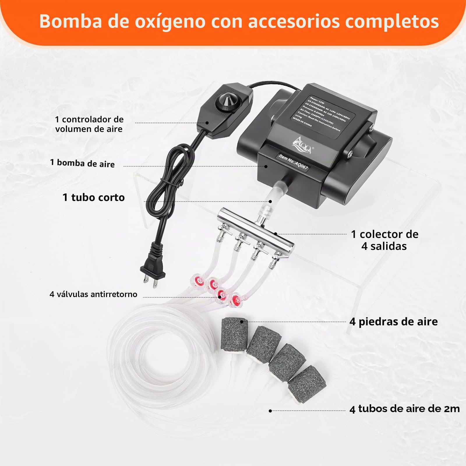 AQQA Bomba de aire para acuario, 4 tomas, potente aireador de estanque al aire libre, bomba de oxígeno para peceras, bomba de burbujas de aire ajustable con accesorios