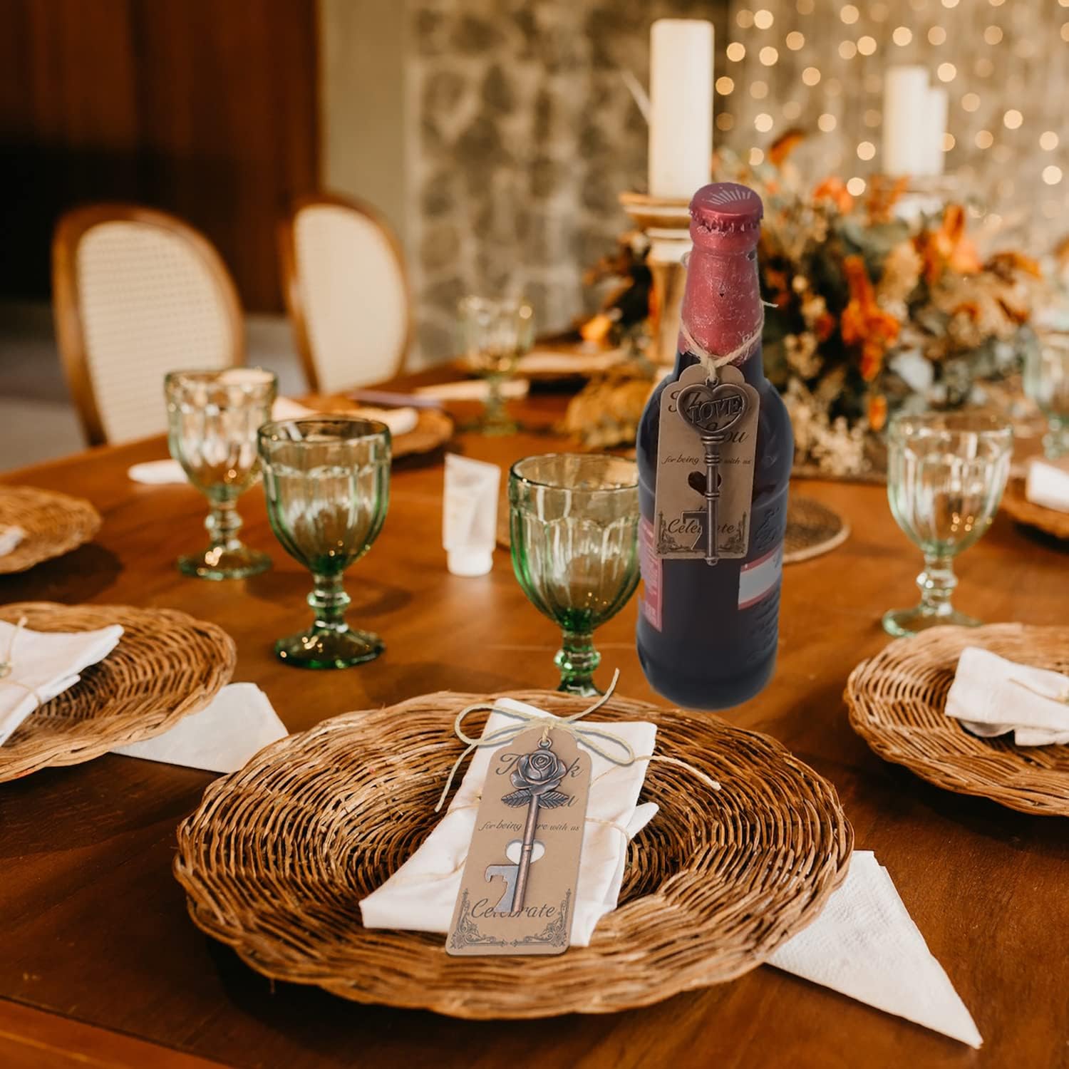 100 piccoli apribottiglie vintage in metallo con etichetta di ringraziamento e spago, accessorio divertente multiuso per compleanni, bomboniere, portachiavi, idee regalo per gli ospiti