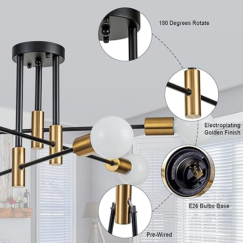 Miniatura 5 de BrkNit Candelabros modernos Sputnik de 6 luces, lámpara de techo semiempotrada color negro y dorado, accesorios de iluminación industrial de cocina