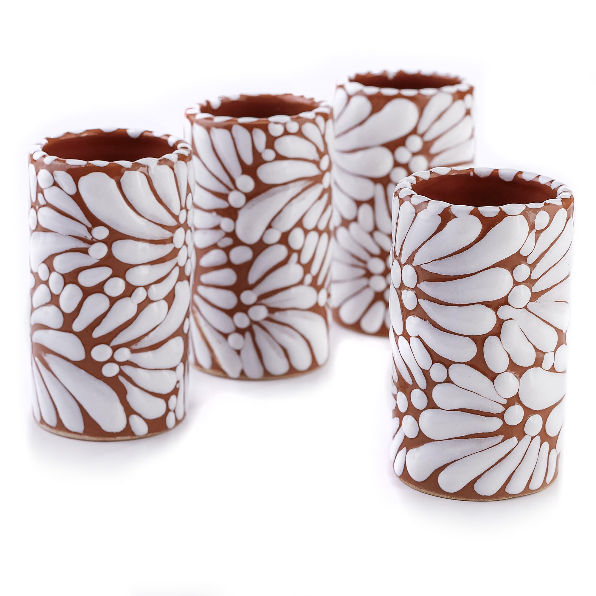 Talavera Shot Glasses Set of 4 Authentic Mexican Tequila Shot Glasses - Hand-painted - 2 Oz (White Brushstroke Terracotta Background)