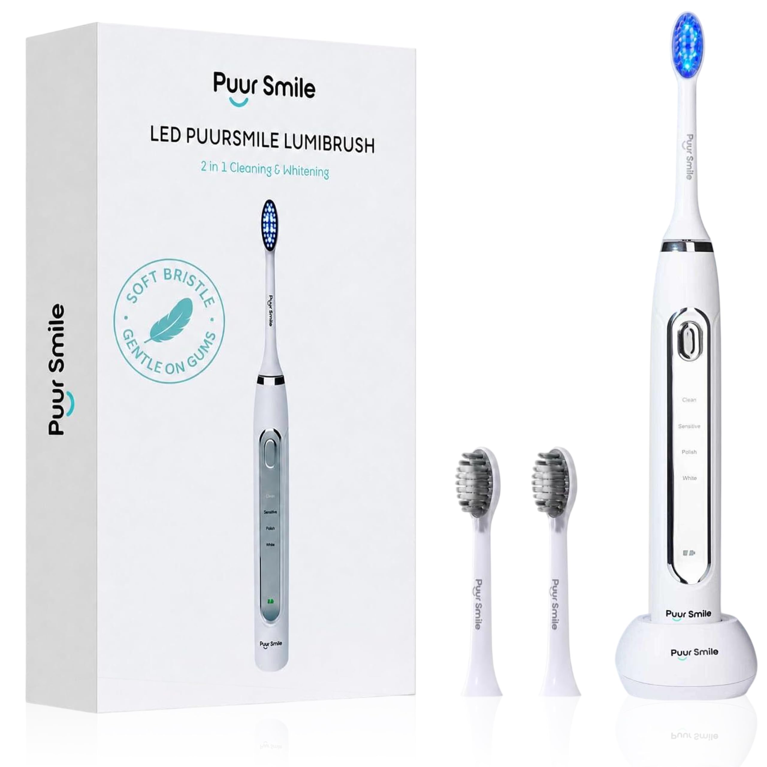 Puur Smile Spazzolino elettrico Lumi a LED, 2 testine (LED blu) per adulti, 4 modalità di pulizia con timer intelligente, impermeabile IPX7, batteria a lunga durata e base di ricarica wireless (bianco