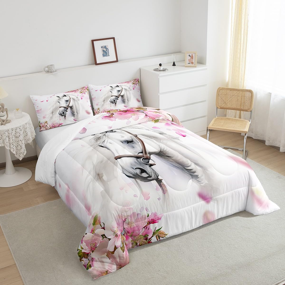 Erosebridal Juego de edredón de Caballo para niñas, tamaño Individual, Elegante, Juego de Ropa de Cama de Cerezo en Flor para niños y Adolescentes, Caballo Blanco galopante, Relleno de edredón de