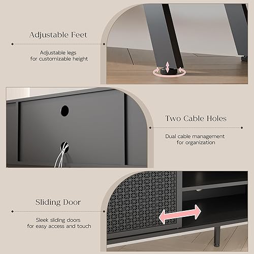 Miniatura 5 de Soporte de TV negro para TV de 65 y 70 pulgadas, consola moderna de ratán de hierro con puerta corredera, centro de entretenimiento con