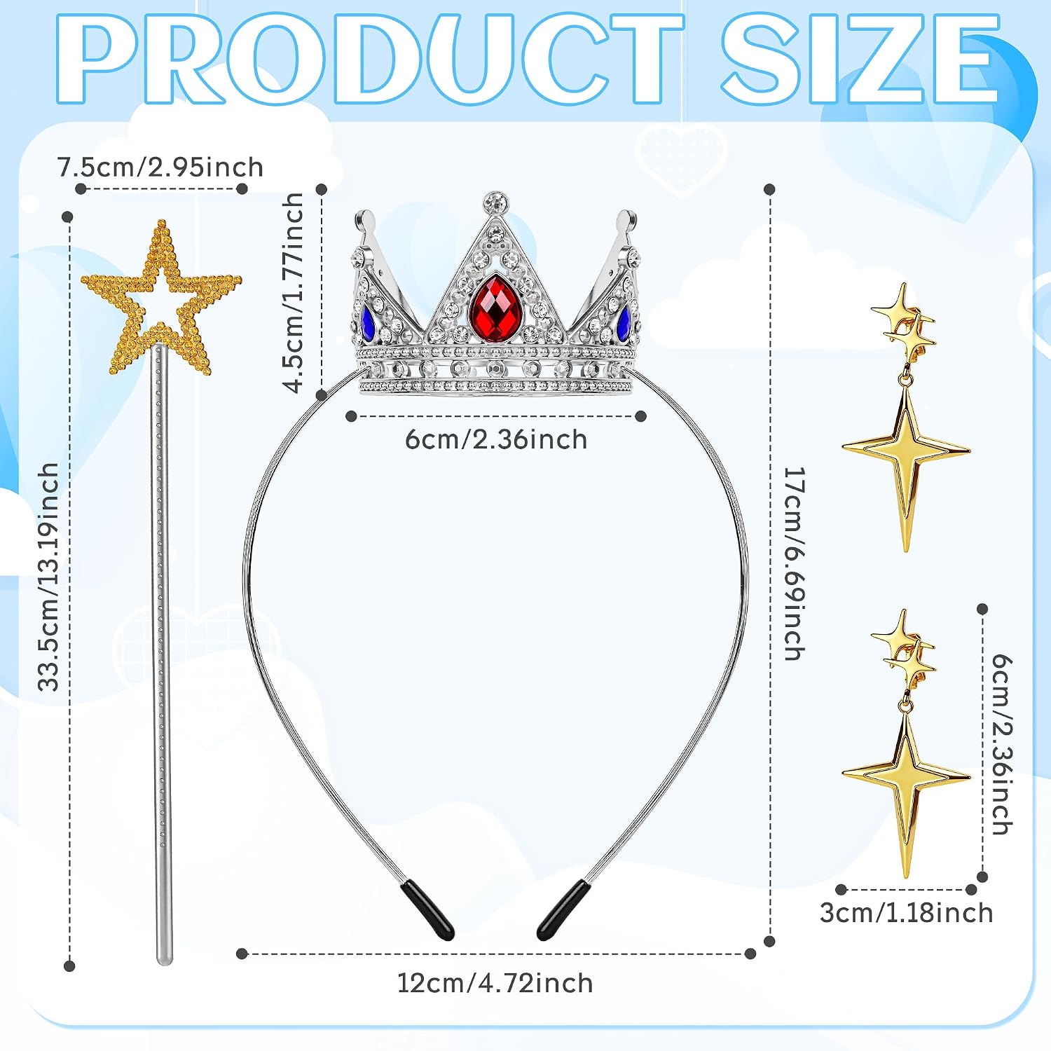Princess Crown Accessories Set, Princess Costume Accessories with Crown Wand Clip On Earrings Princesses Dress Up for Women for Halloween Cosplay Birthday Party