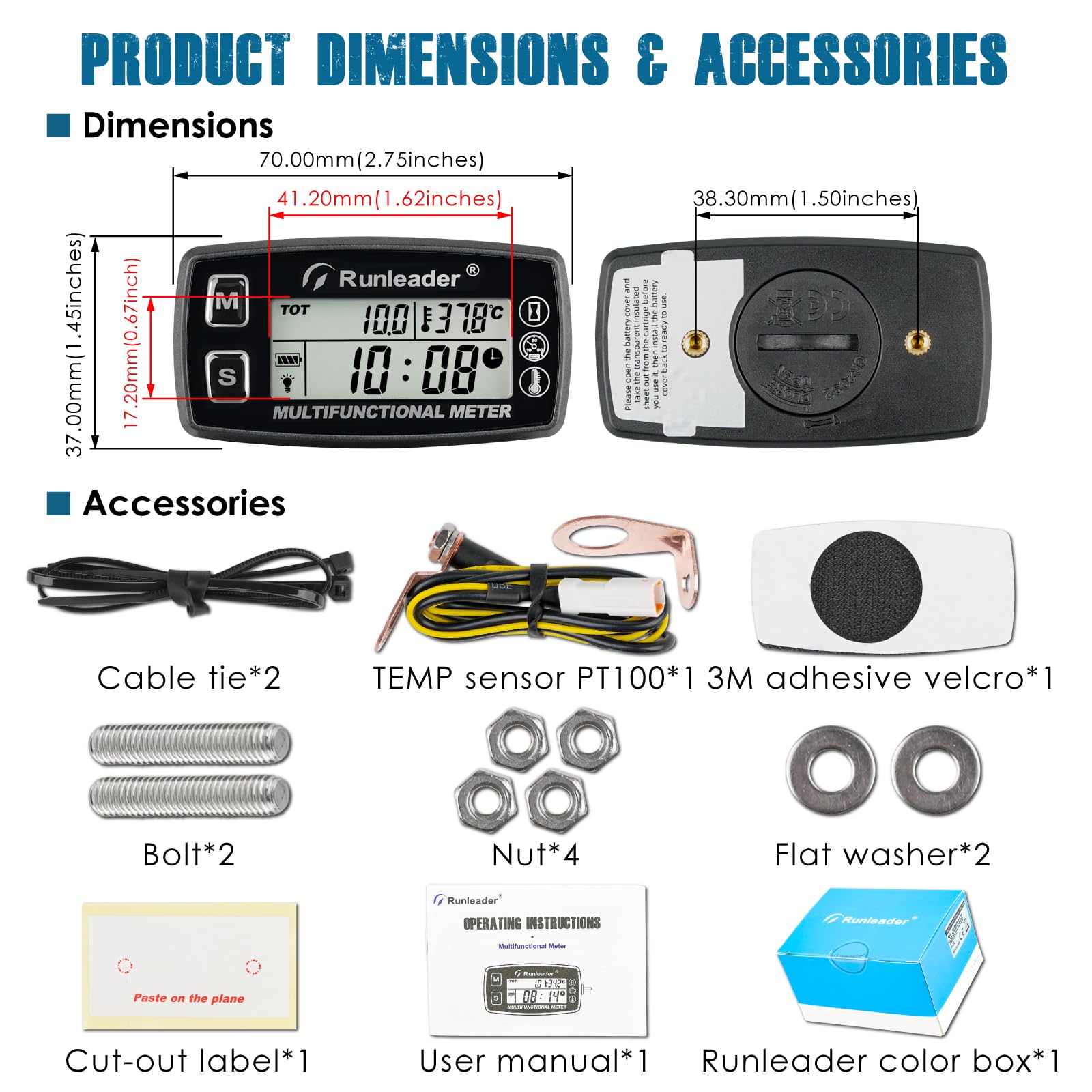 Runleader Digitaler Motortemperaturmesser, Wartungsstundenzähler, Batteriewechsel für Gartentraktor, Generator, Motorrad, ATV, Schneemobil usw.