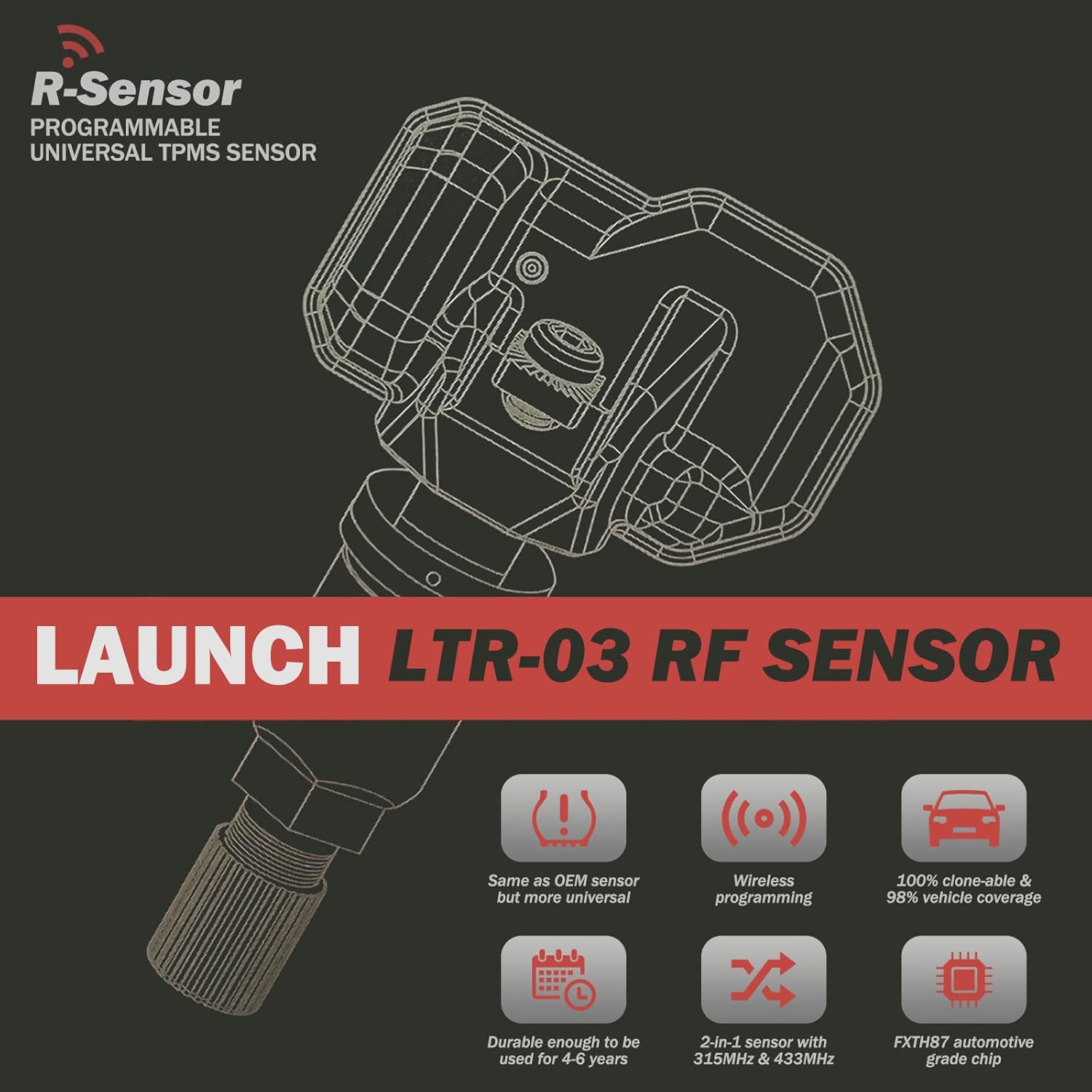LAUNCH X-431 TPMS Service Tool Kit, 1 x Creader TPMS 5011 V2 and 4 x LTR-03 Metal Valve (Adjustable Angle) Sensors