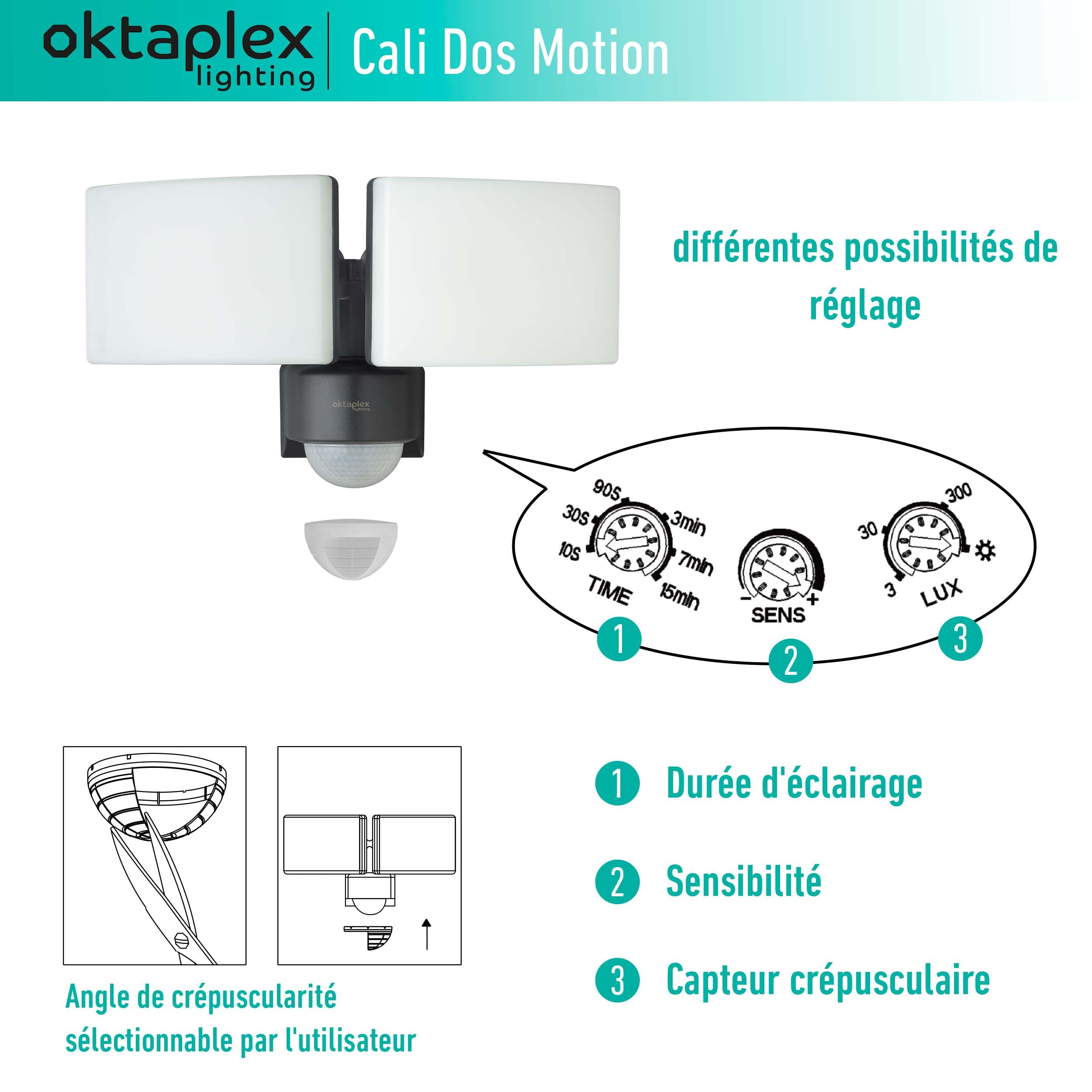 Oktaplex Projecteur LED extérieur Cali Dos Motion avec détecteur | IP65, deux têtes, 40W, 3000K blanc chaud, projecteur extérieur anthracite, fonction maître