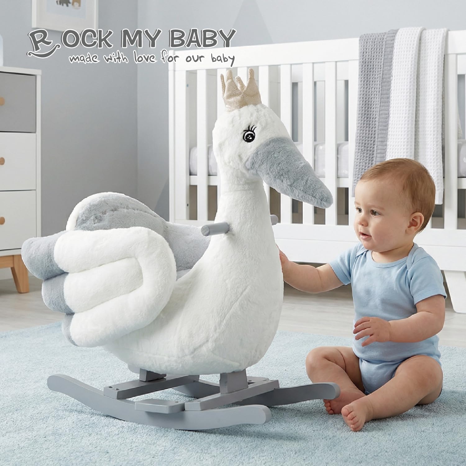 Rocking Horse, Gray Stork Animal Rocker for Toddlers 1-3, Plush Rocking Horse with Seat, Wooden Rocking Horse Boys and Girls Gift, (Gray Stork Bird), CPC Certified - Image 3