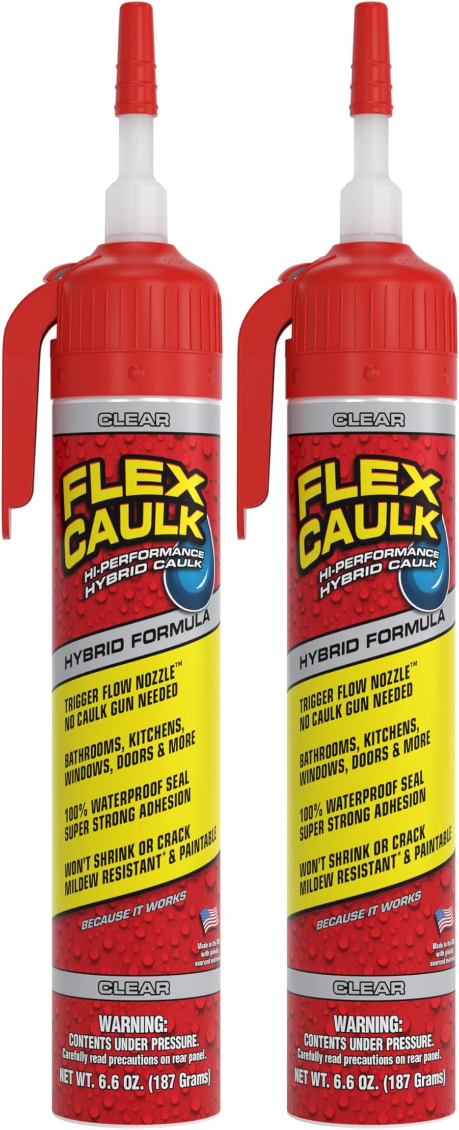 Flex Caulk, Waterproof & Weatherproof Hybrid Polymer Sealant, Strong, Paintable, Indoor, Outdoor, Bath, Shower, Sink, Window, Baseboards, Door, RV, Roof, Wood, Auto & Marine, Clear, 6.6 oz, 2-Pack