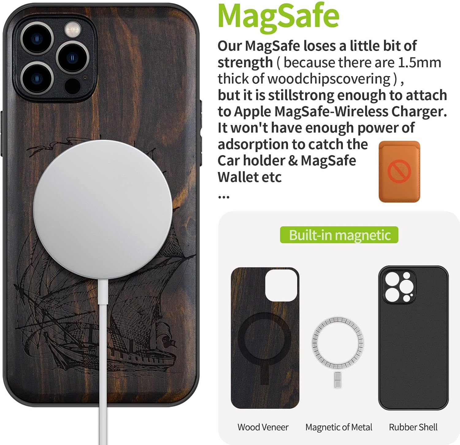 Carveit Magnetic Wood Case for iPhone 12 Pro Max Case [Natural Wood & Black Soft TPU] Shockproof Protective Unique & Classy Wooden Cover Compatible with MagSafe (Pirate Ship-Blackwood)