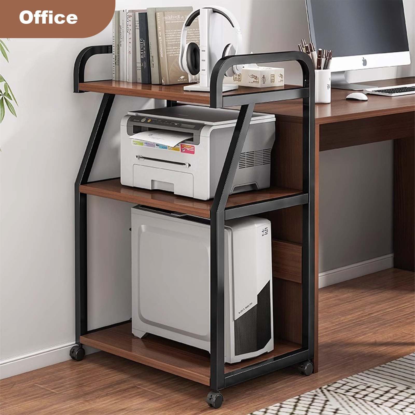 Carrito Multifuncional para Oficina con 3 Niveles - Estantes espaciosos y Ruedas bloqueables - Ideal para Impresora y Almacenamiento en casa, Escuela o clínica - Color Nogal Oscuro