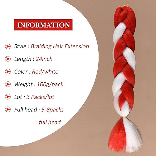 Miniatura 3 de Extensiones de cabello trenzado jumbo para niños y niñas, extensiones de cabello trenzado de bastón de caramelo, cabello trenzado rojoblanco de 24